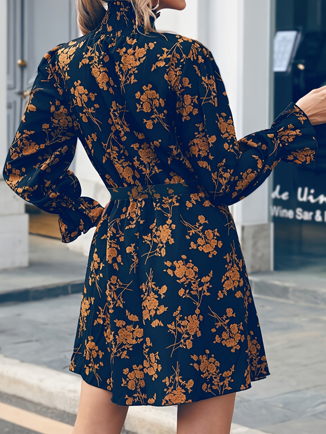 Sixsr Floral Print Lantern Sleeve Dress, Casual Shirred Mock Neck Tie-waist Dress, Women's Clothing