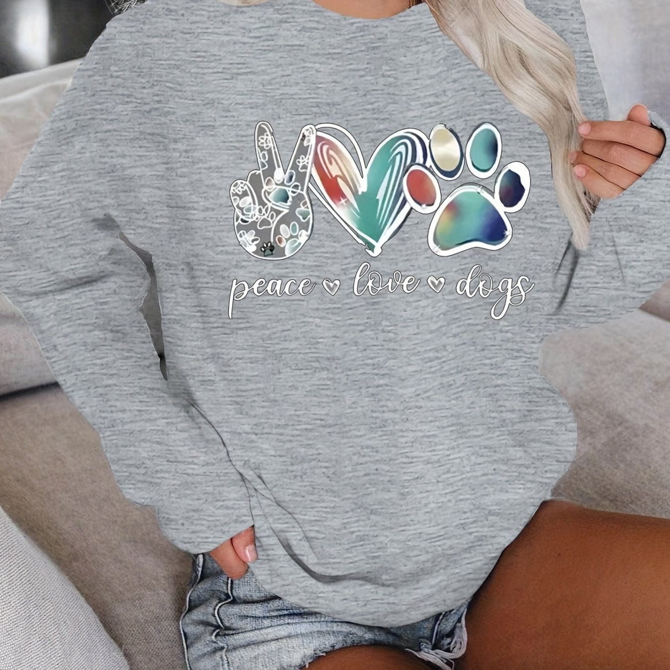 Sixsr Plus Size Casual Sweatshirt, Women's Plus Art Letter & Heart & Paw & Hand Print Long Sleeve Round Neck Slight Stretch Sweatshirt