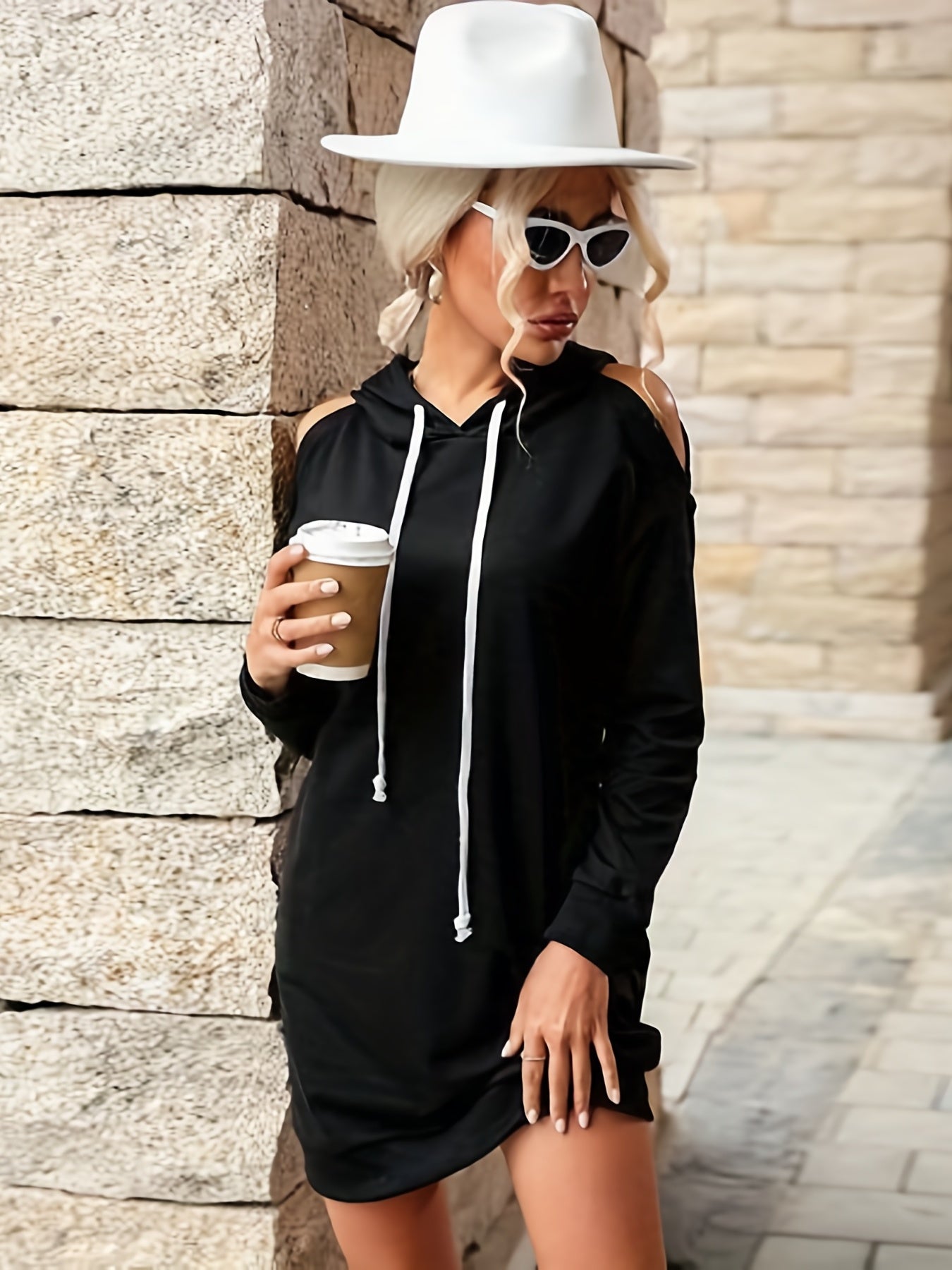Sixsr Solid Cold Shoulder Drawstring Hooded Dress, Casual Long Sleeve Mini Dress With Pocket, Women's Clothing