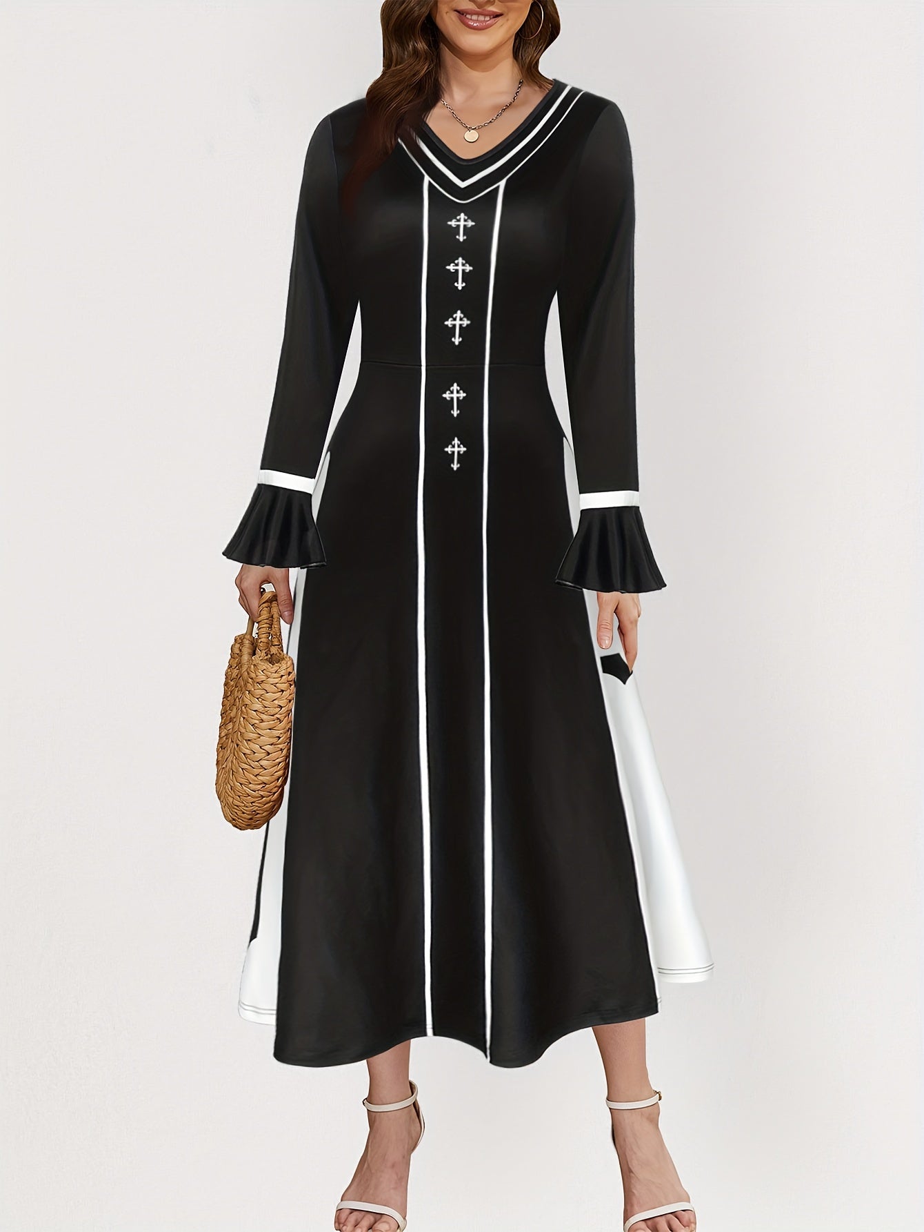 Sixsr Cross Print Color Block Dress, Casual Long Sleeve V Neck Dress, Women's Clothing