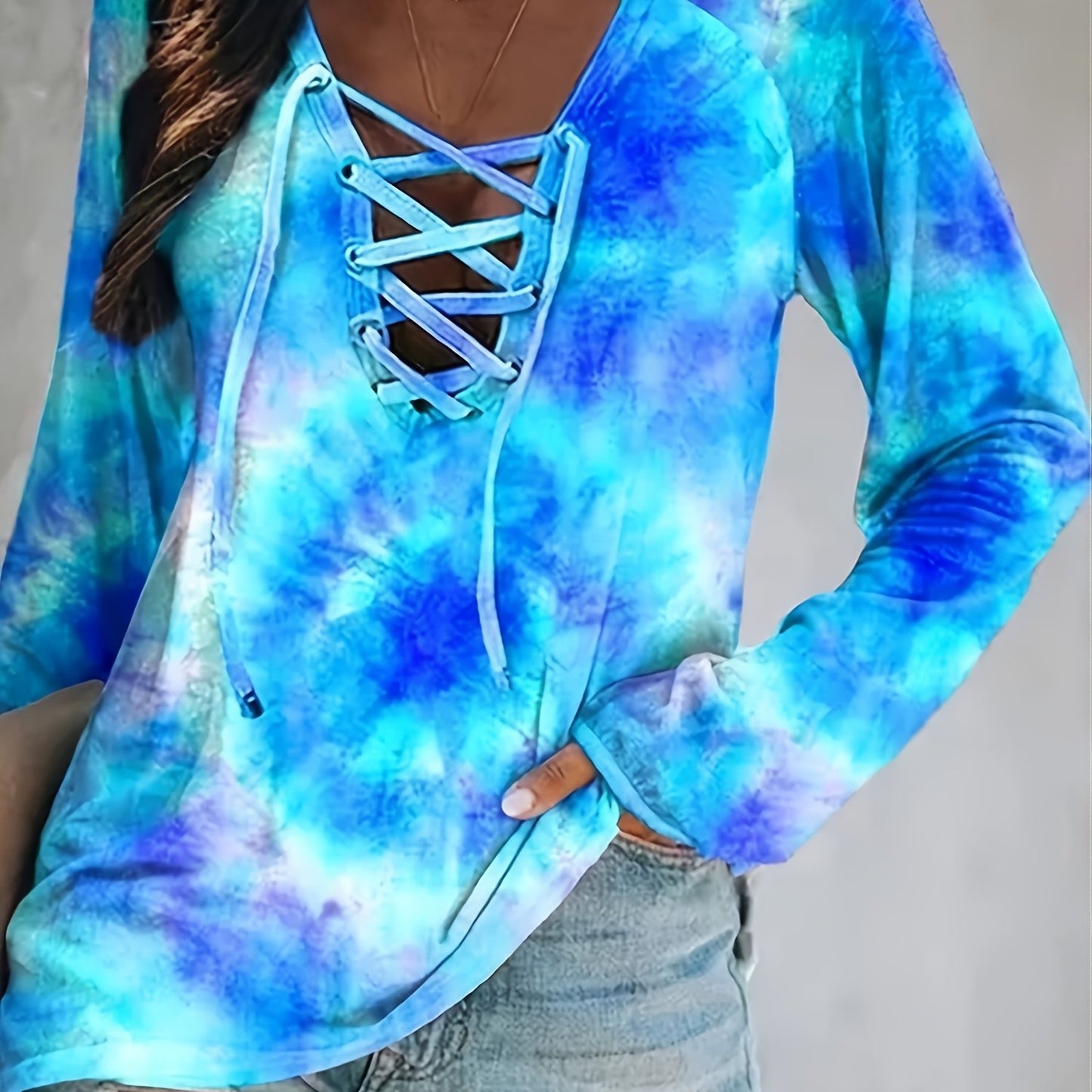 Tie Dye Criss Cross V Neck Long Sleeve T-shirt, Casual Spring & Fall Loose T-shirt, Women's Clothing