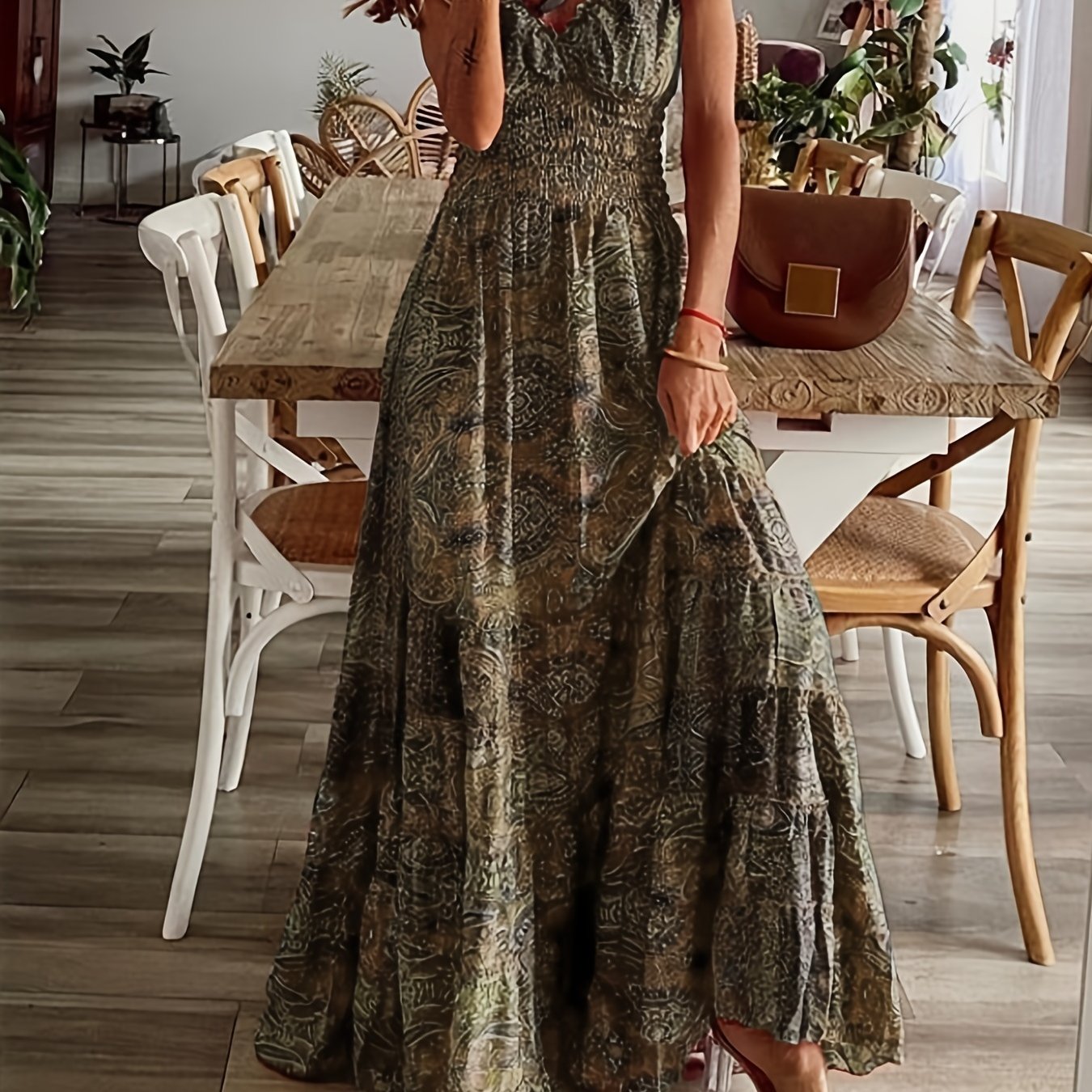 Sixsr Floral Print Ruffle Neck Long Dress, Boho Short Sleeve Waist Summer Large Swing Dresses, Women's Clothing