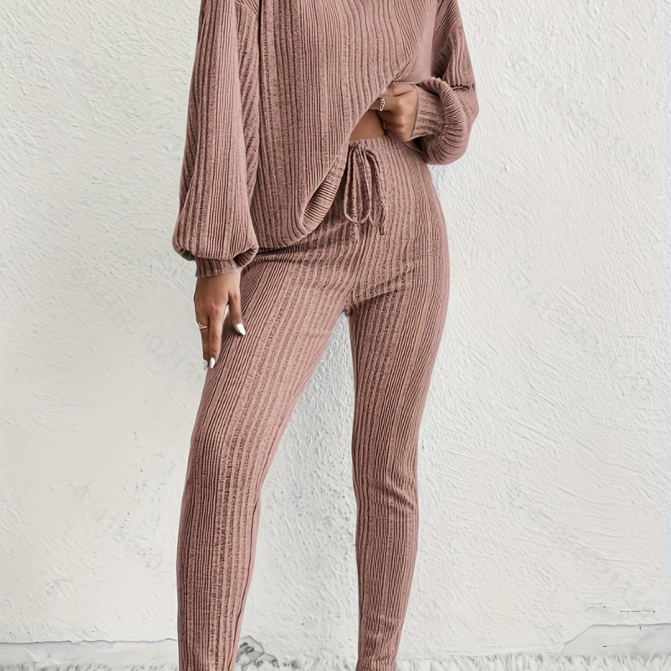 Sixsr Casual Ribbed Knit Two-piece Set, Lantern Sleeve Top & Drawstring Slim Pants Outfits, Women's Clothing