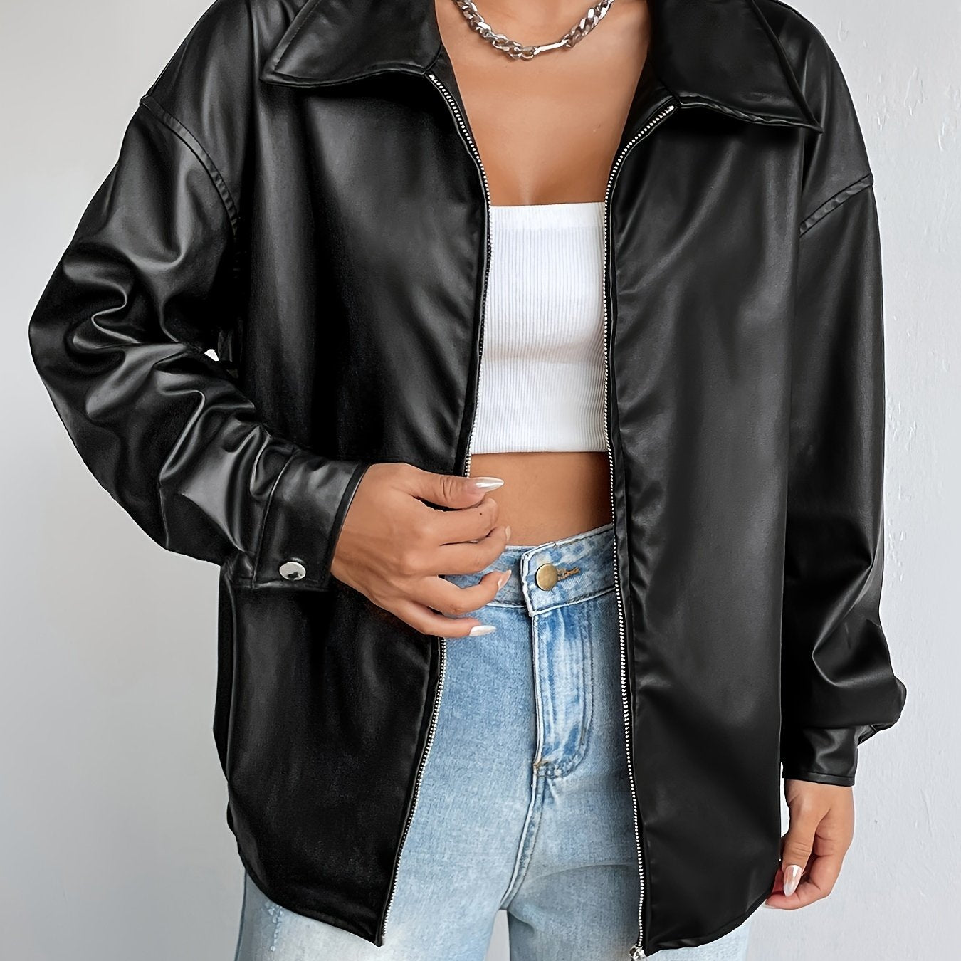 Sixsr Solid Zipper Front PU Leather Jacket, Casual Y2K Long Sleeve Jacket For Spring & Fall, Women's Clothing