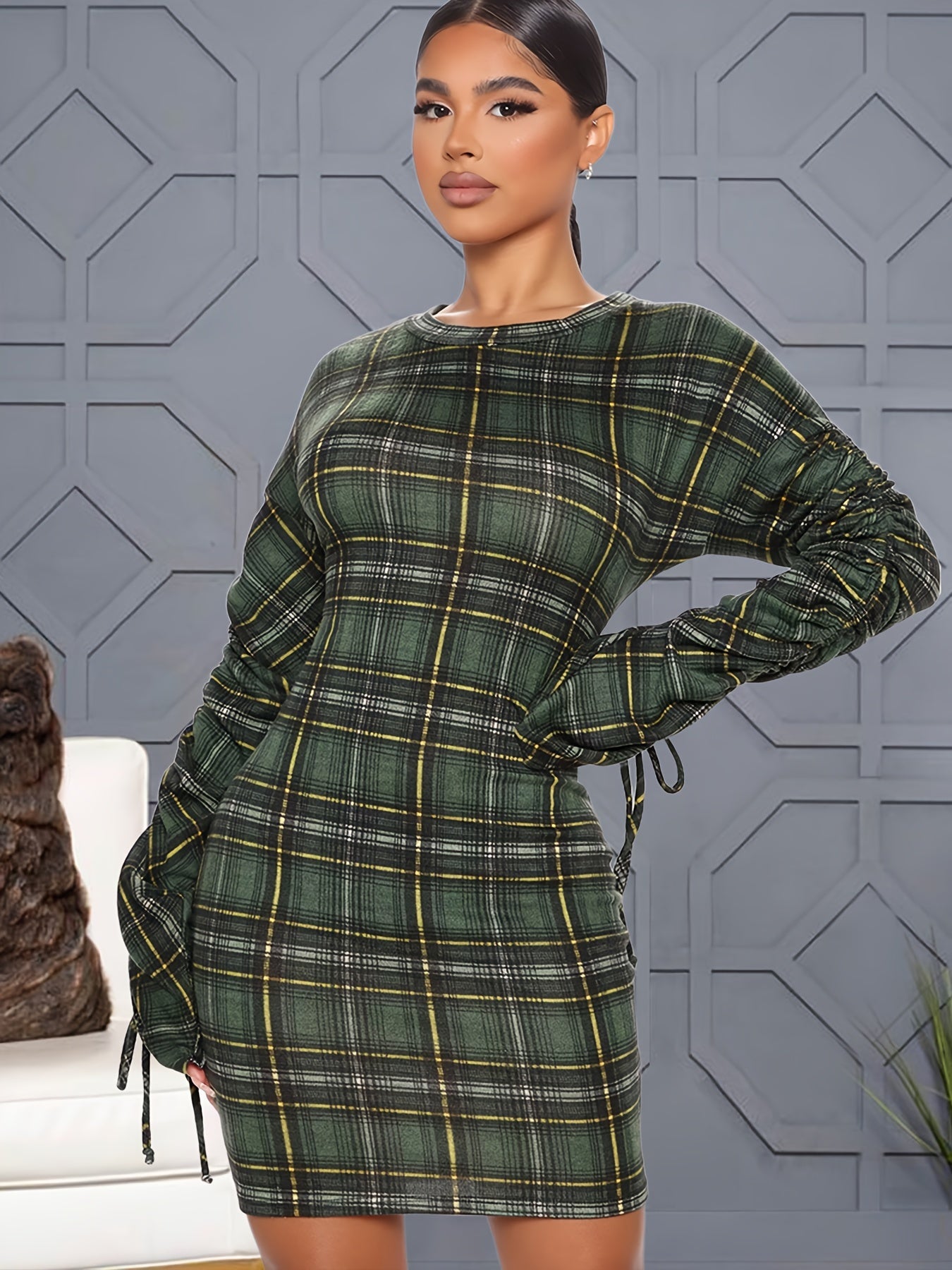 Sixsr Plaid Drawstring Bodycon Dress, Crew Neck Long Sleeve Dress, Casual Every Day Dress, Women's Clothing
