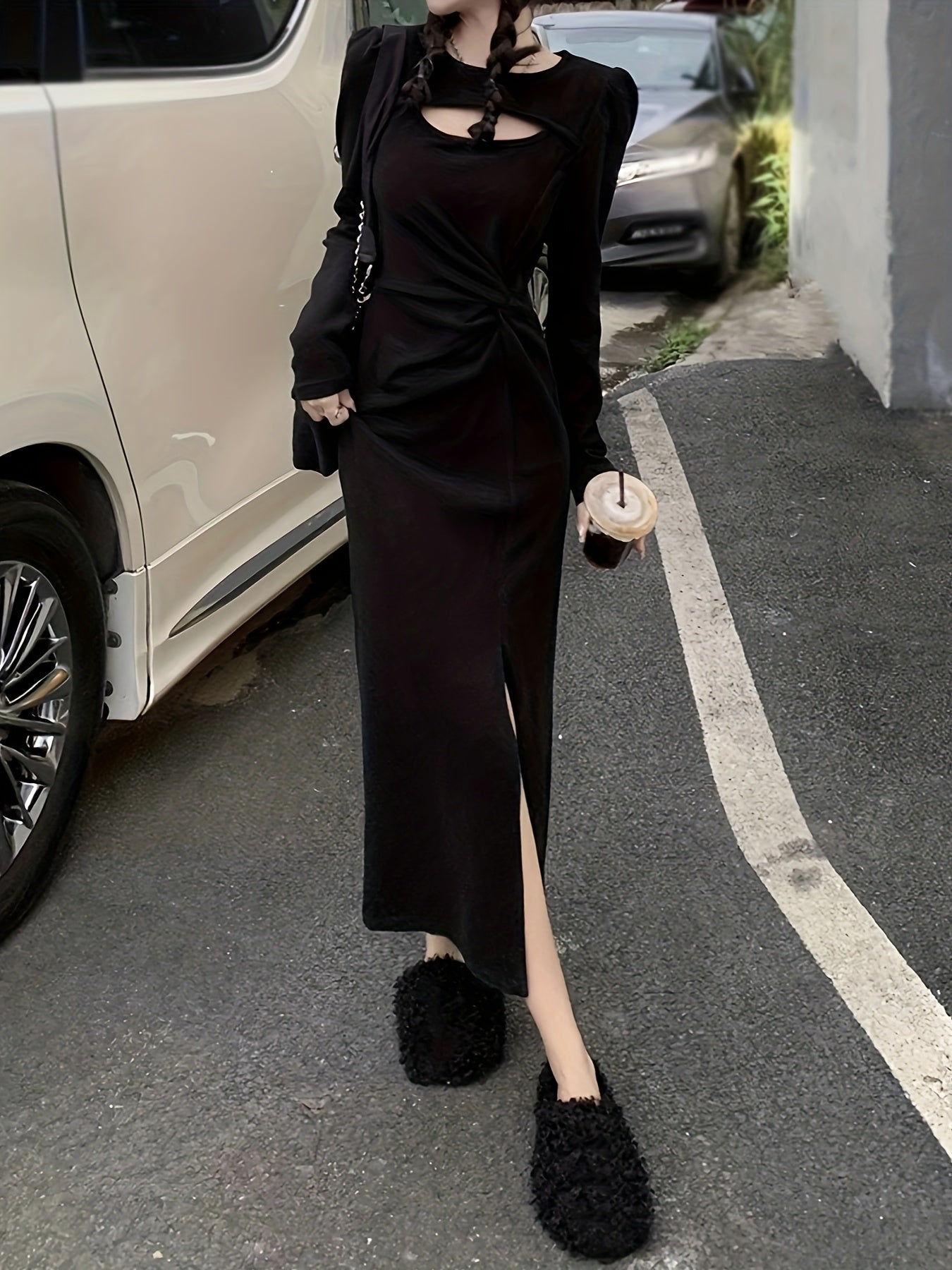 Sixsr Cut Out Knot Front Split Hem Dress, Elegant Long Sleeve Slim Solid Dress For Spring & Fall, Women's Clothing