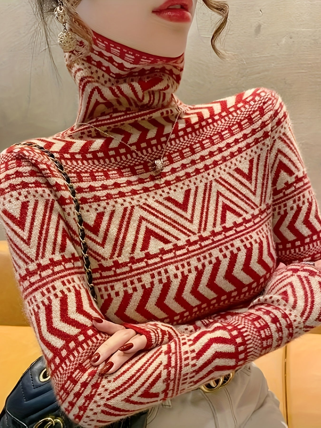 Sixsr Geo Pattern Turtle Neck Pullover Sweater, Elegant Long Sleeve Fashion Slim Sweater, Women's Clothing