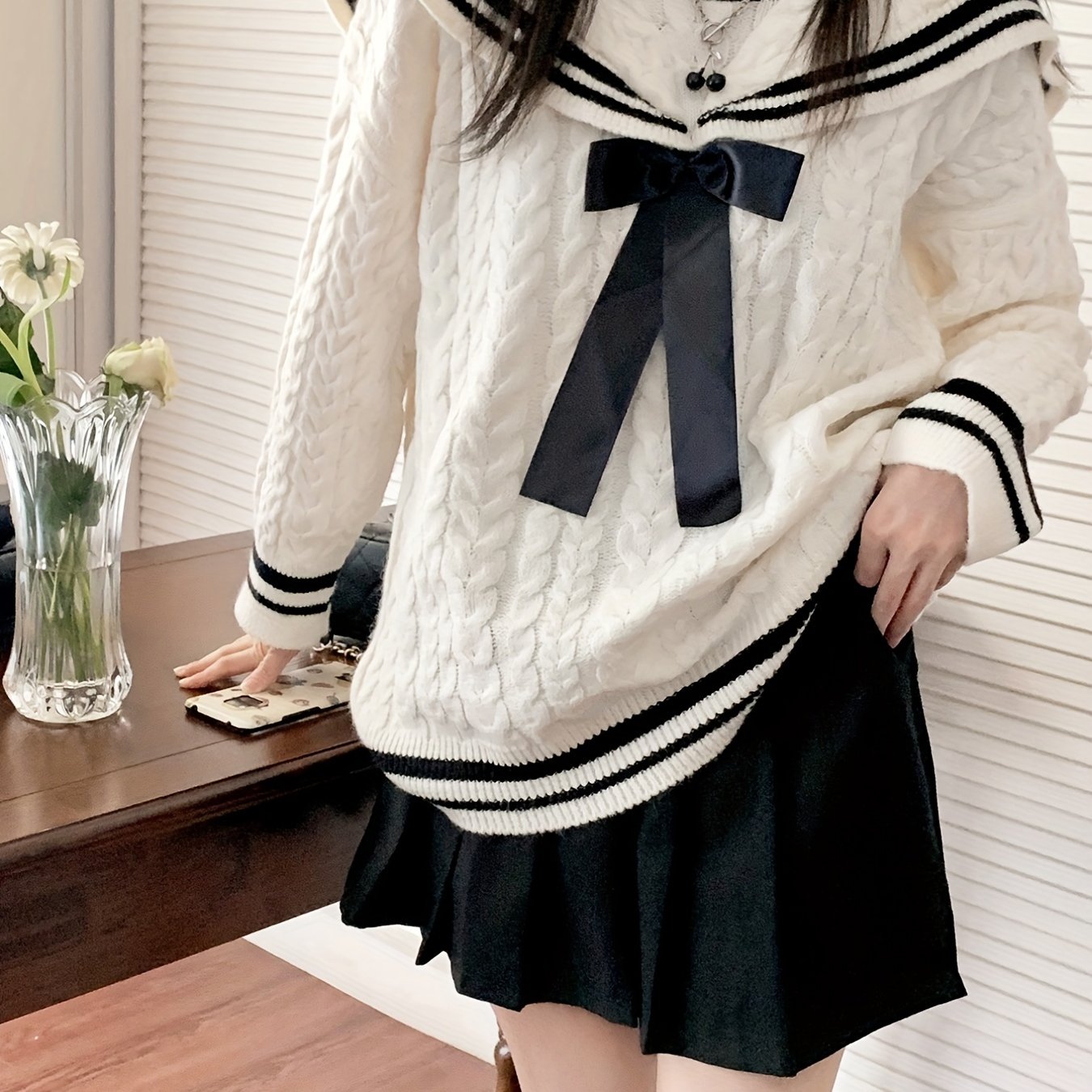 Sixsr Bow Tie Knit Sweater, Casual Sailor Collar Long Sleeve Sweater For Fall & Winter, Women's Clothing