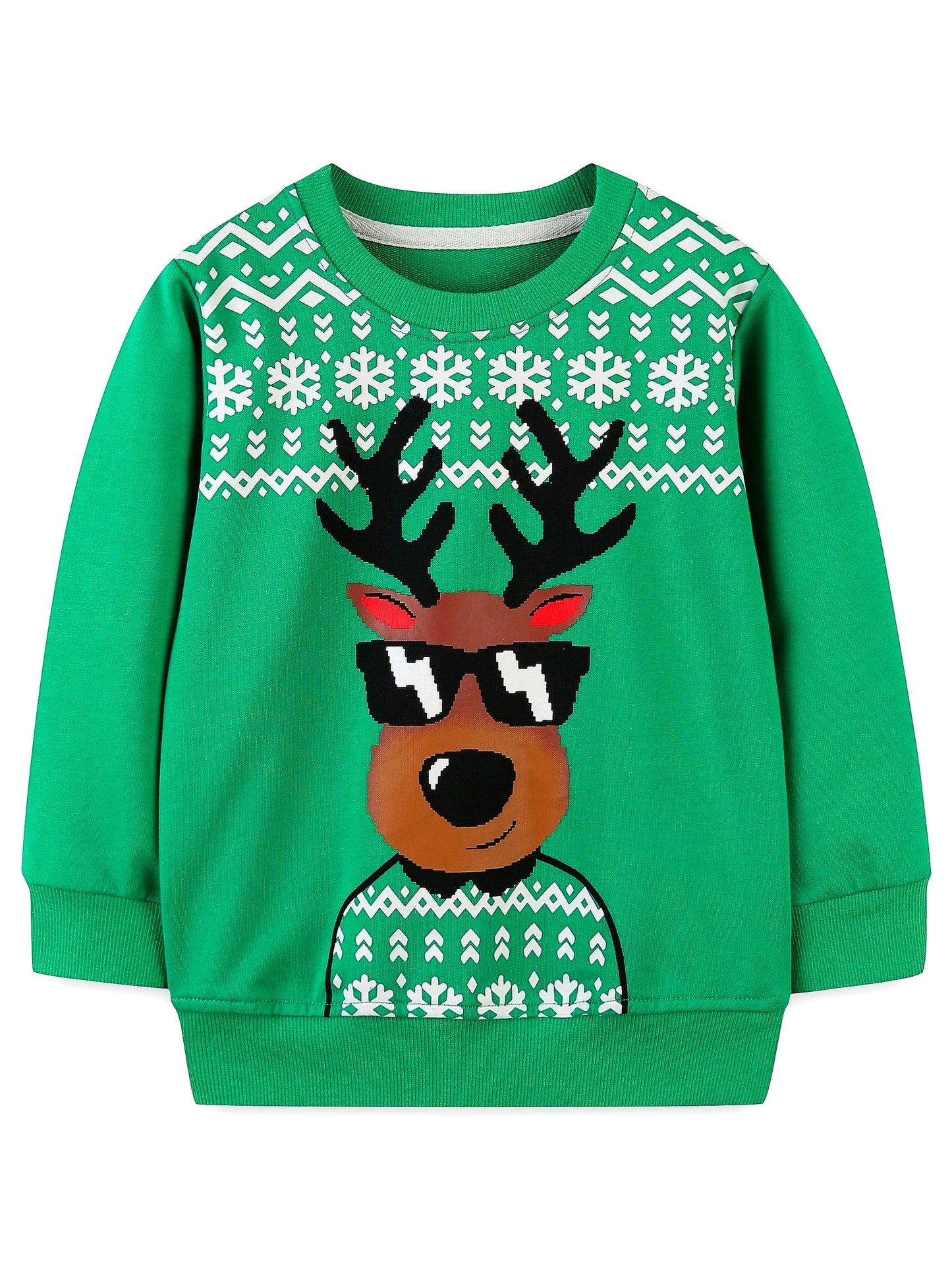 Christmas Deer Print Boys' Casual Long Sleeve Crew Neck Pullover Sweatshirt - Soft, Cozy, Creative Design for Kids' Outdoor Clothing