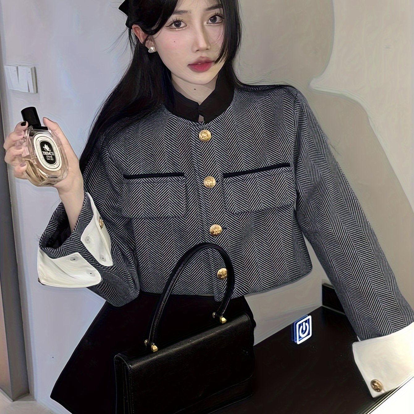 Sixsr Contrast Trim Single Breasted Jacket, Elegant Long Sleeve Stand Collar Outwear For Fall & Winter, Women's Clothing