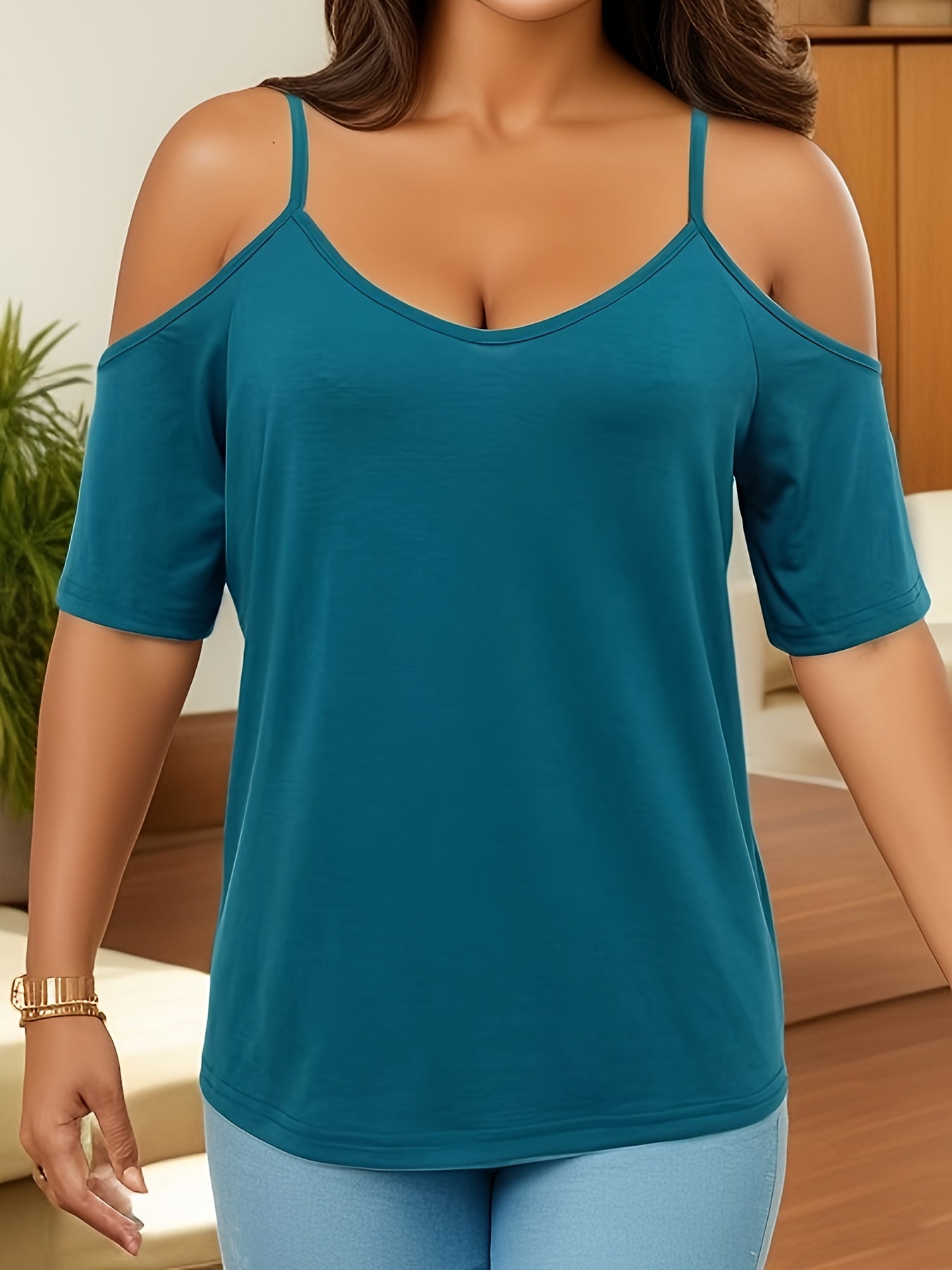 Sixsr Cold Shoulder V Neck T-Shirt, Casual Short Sleeve T-Shirt For Spring & Summer, Women's Clothing