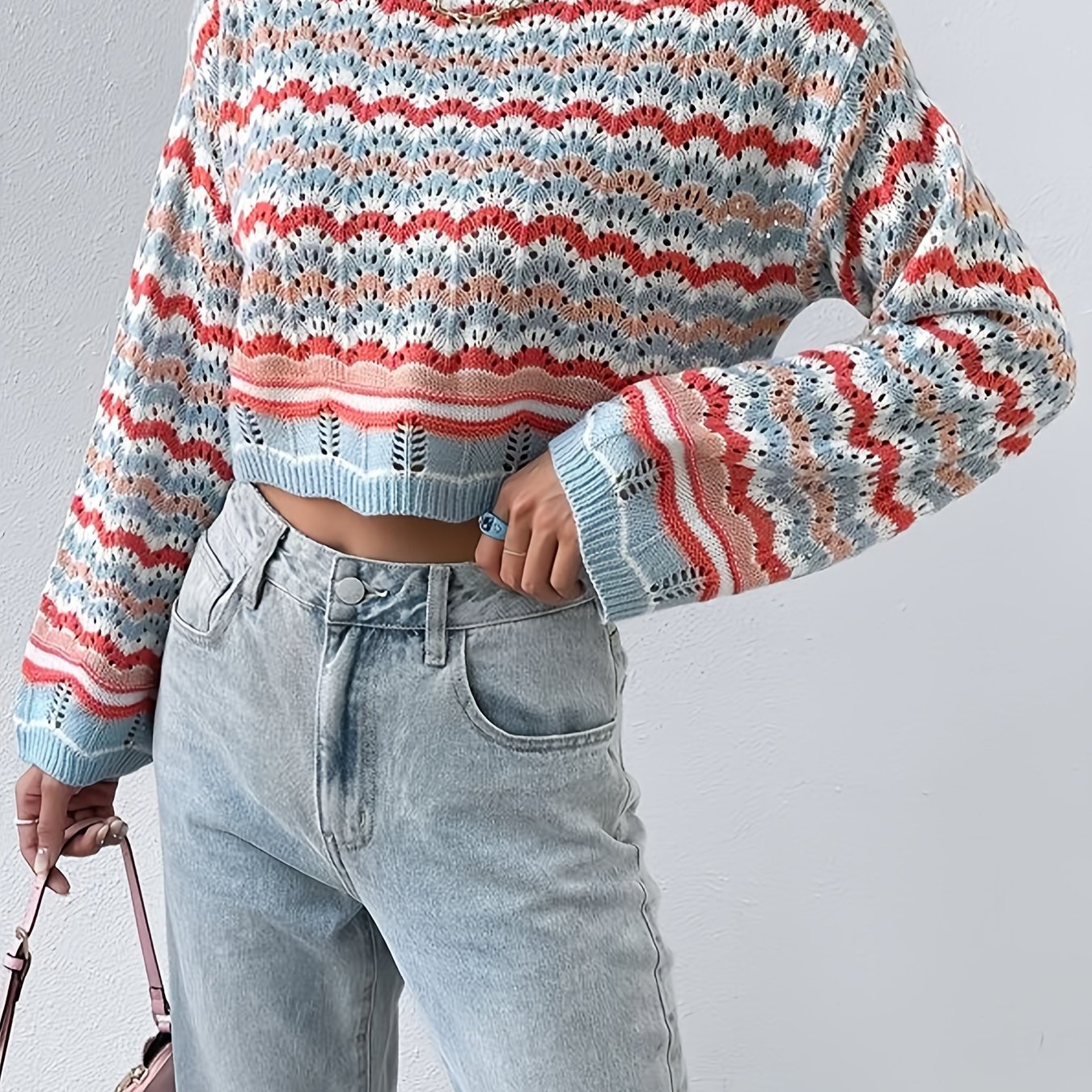 Sixsr Colorful Printing Knit Sweater, Casual Crew Neck Long Sleeve Sweater, Women's Clothing