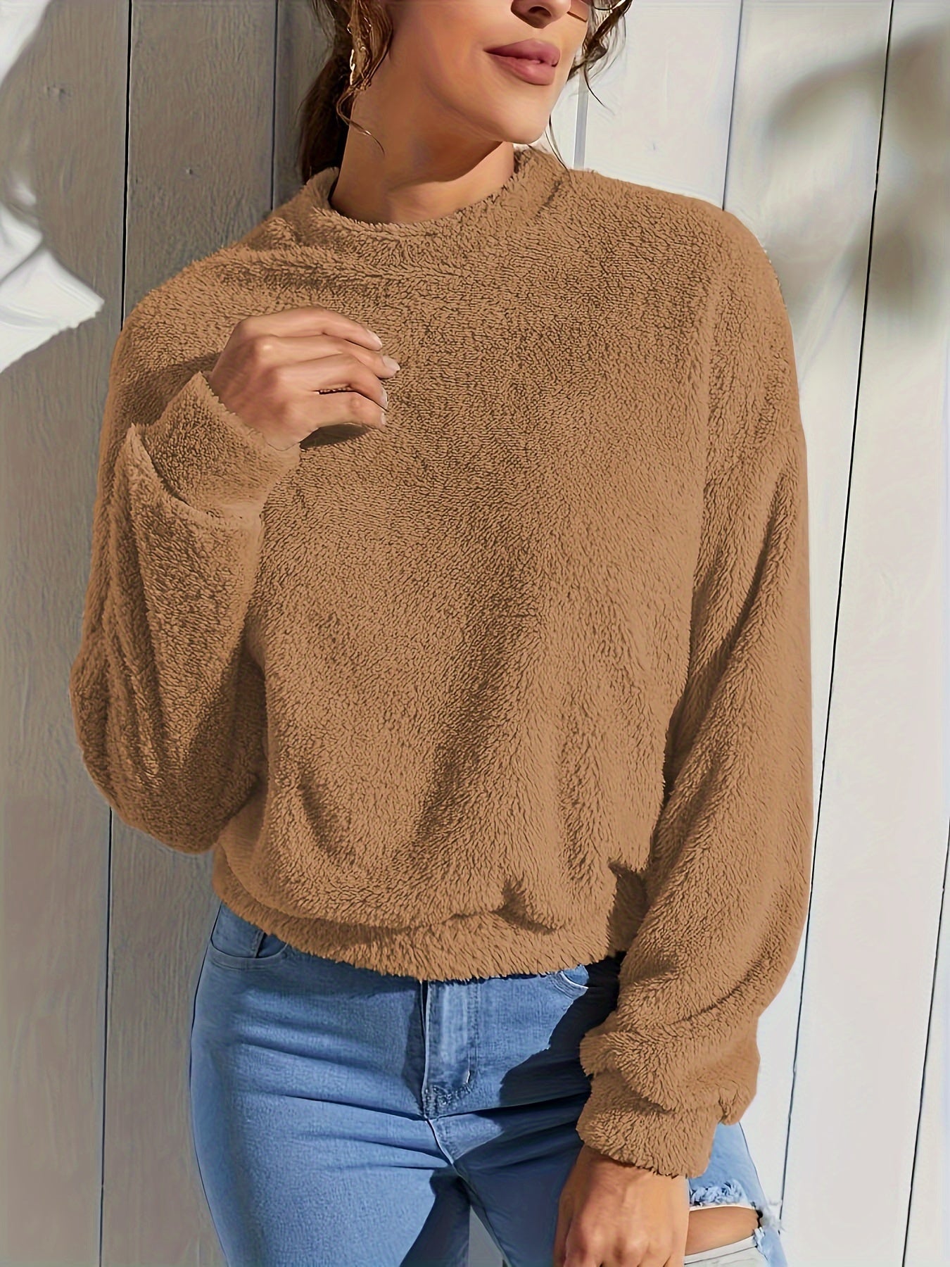 Sixsr Solid Plush Drop Shoulder Sweatshirt, Versatile Long Sleeve Crew Neck Sweatshirt, Women's Clothing
