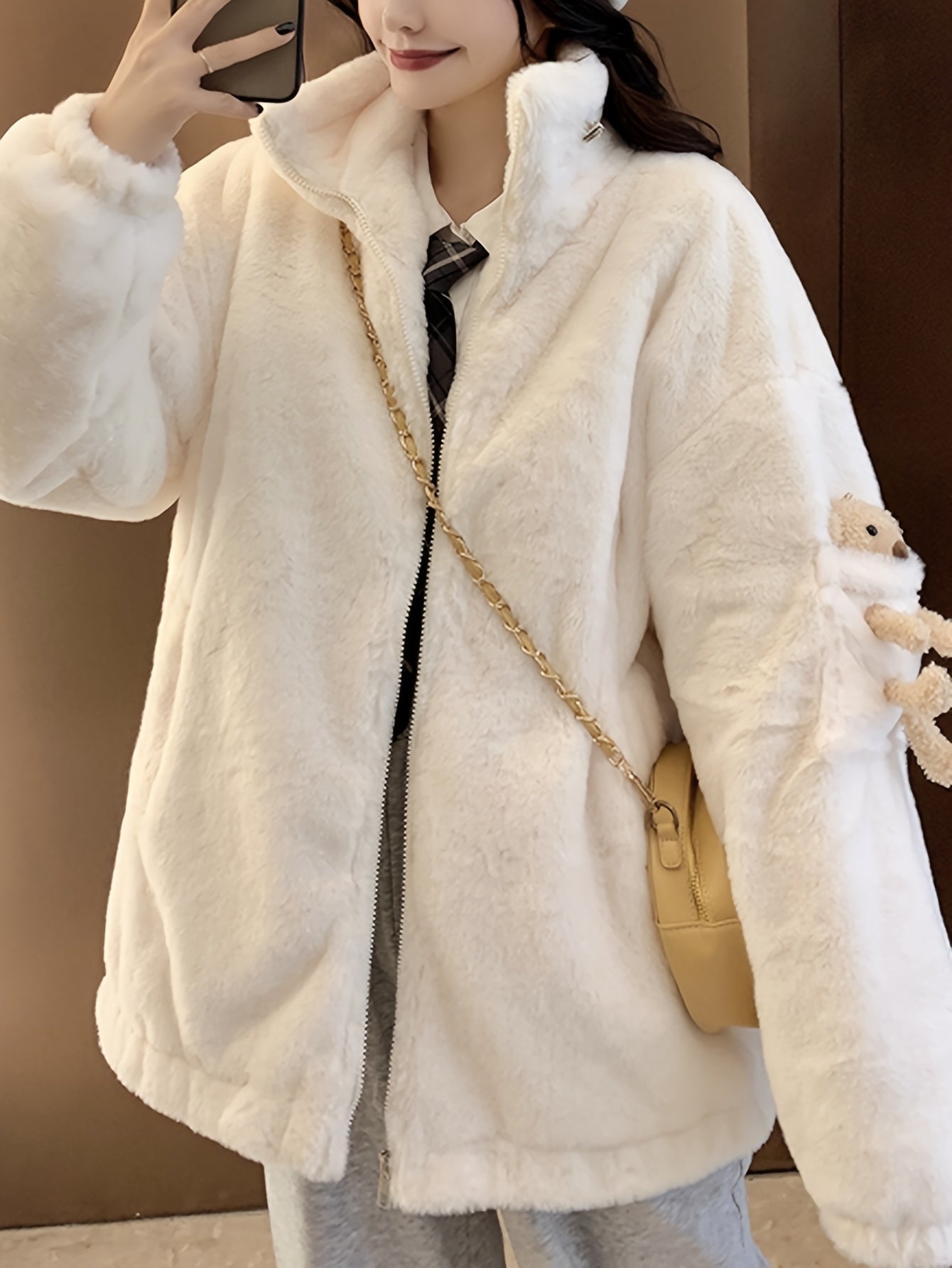 Sixsr Teddy Decor Zip Front Plush Coat, Long Sleeve Slant Pockets Outerwear For Fall & Winter, Women's Clothing