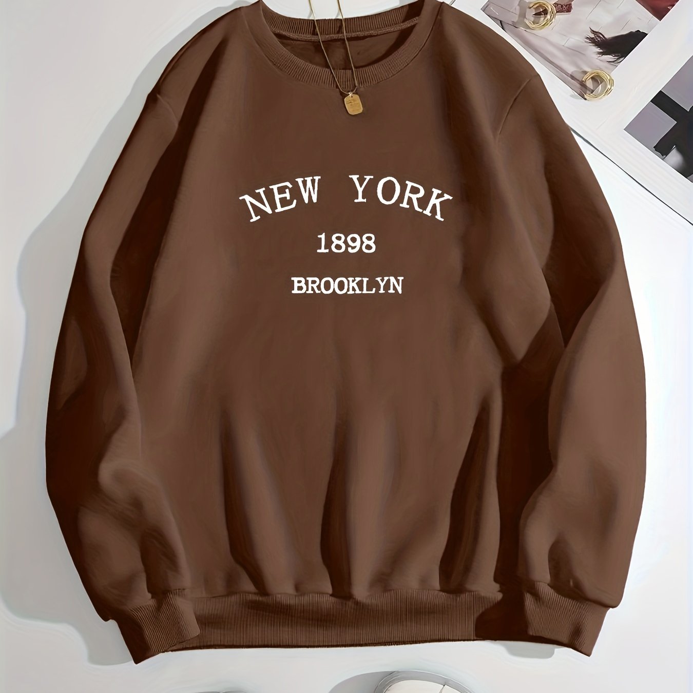 Sixsr New York Brooklyn Print Loose Sweatshirt, Casual Long Sleeve Crew Neck Sweatshirt, Women's Clothing