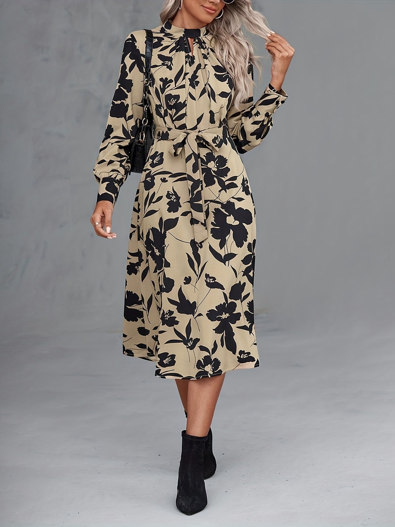 Sixsr Floral Print Keyhole Dress, Casual Stand Collar Long Sleeve Dress For Spring & Fall, Women's Clothing