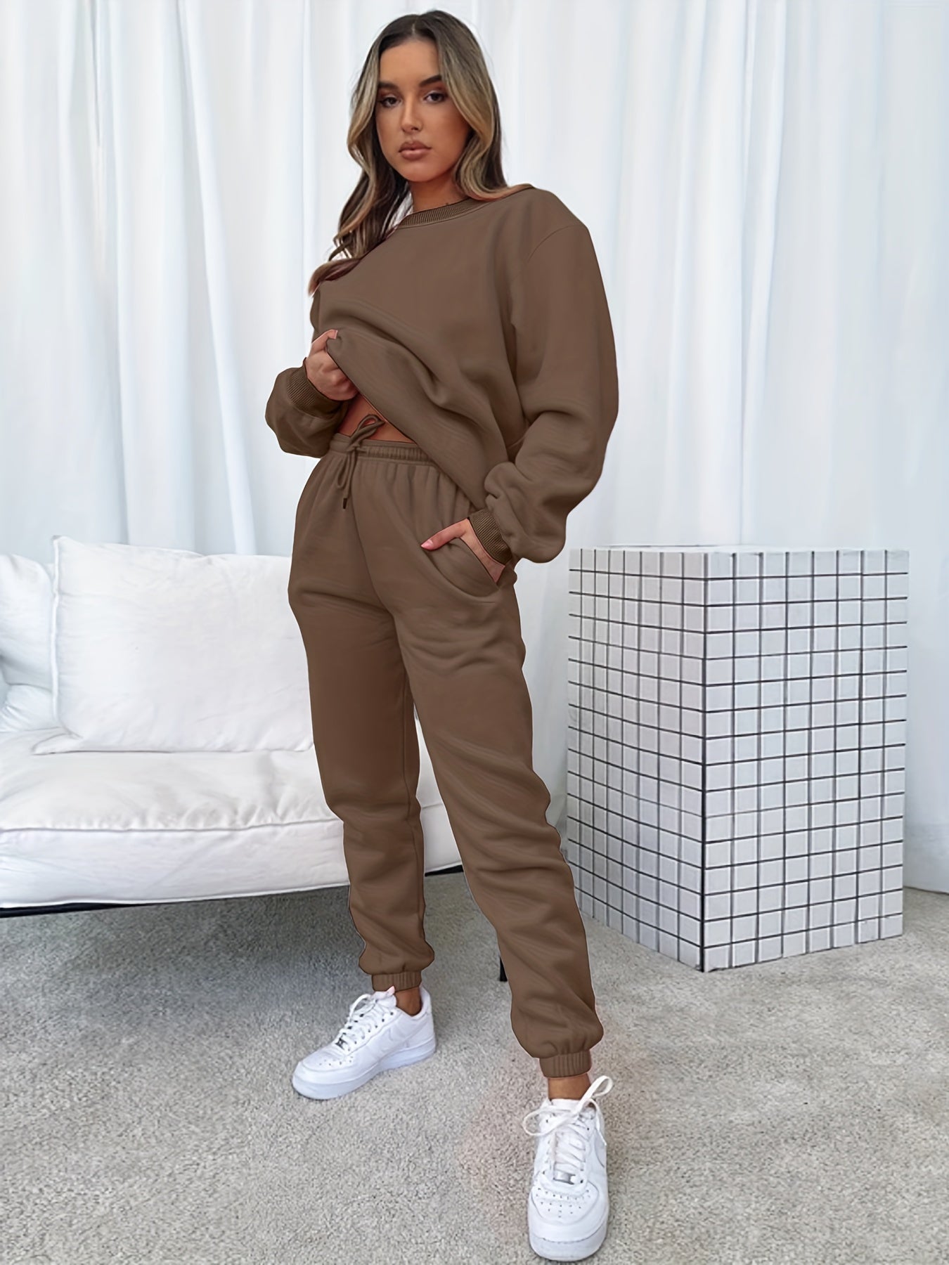 Sixsr Solid Casual Two-piece Set, Long Sleeve Crew Neck Sweatshirt & Drawstring Waist Jogger Pants Outfits, Women's Clothing