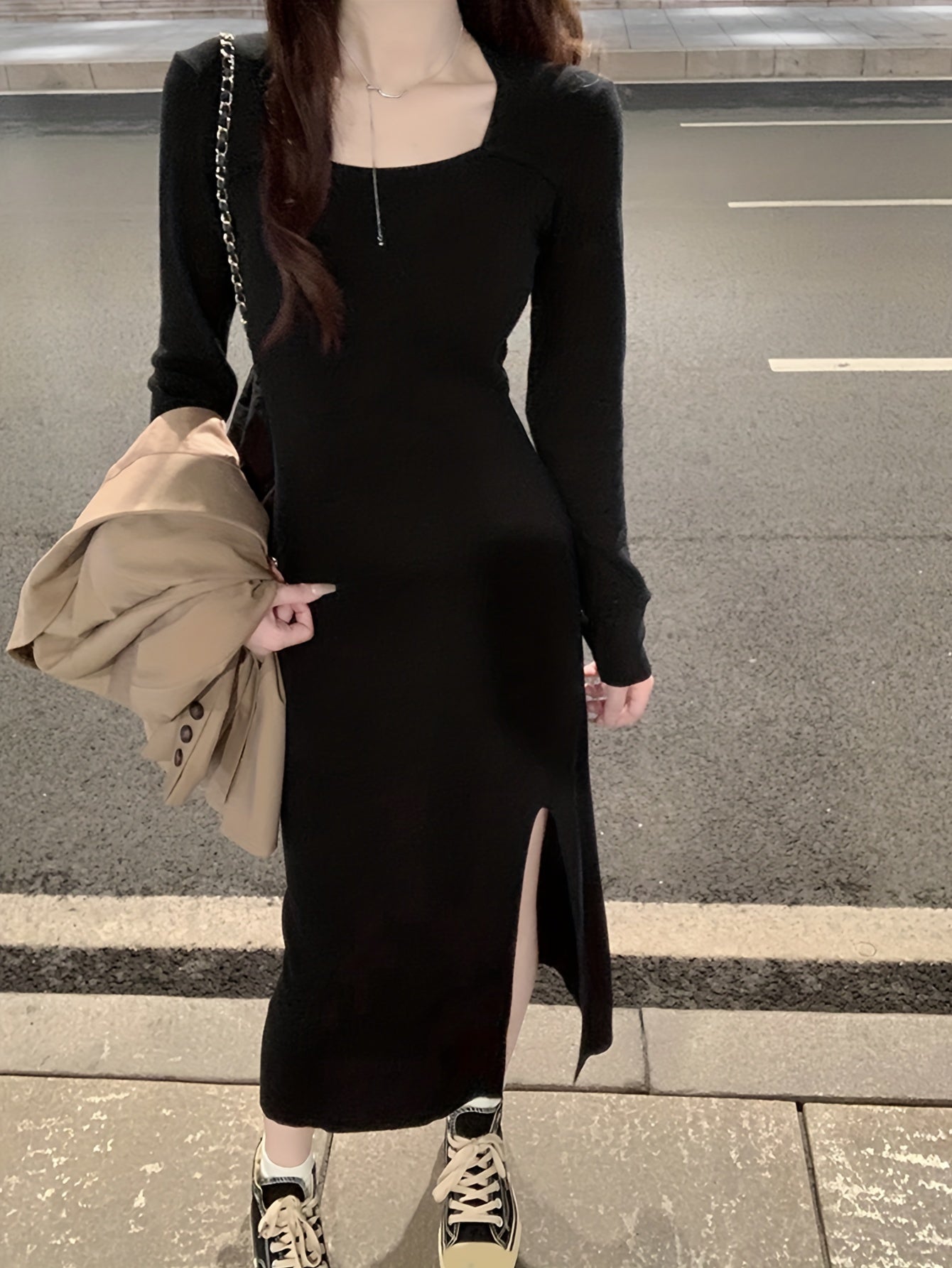Sixsr Solid Square Neck Split Dress, Elegant Long Sleeve Slim Dress For Spring & Fall, Women's Clothing