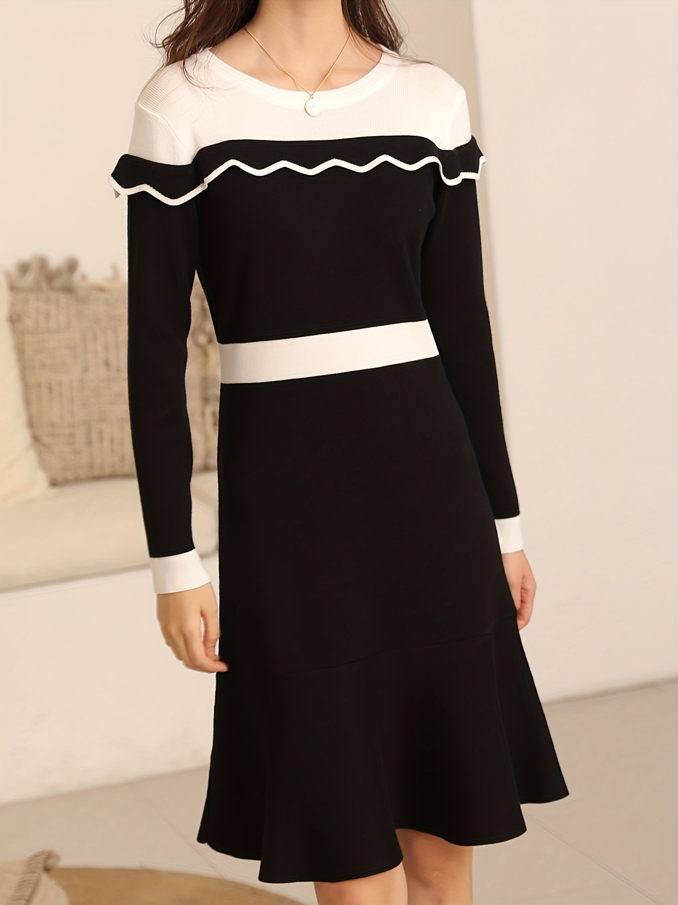 Sixsr Ruffle Trim Color Block Dress, Casual Crew Neck Long Sleeve Dress, Women's Clothing