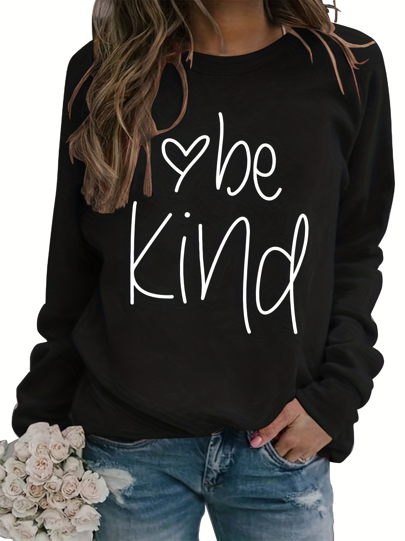 Sixsr Be Kind Letter Print Sweatshirt, Long Sleeve Crew Neck Pullover Sweatshirt, Casual Tops For Fall & Winter, Women's Clothing