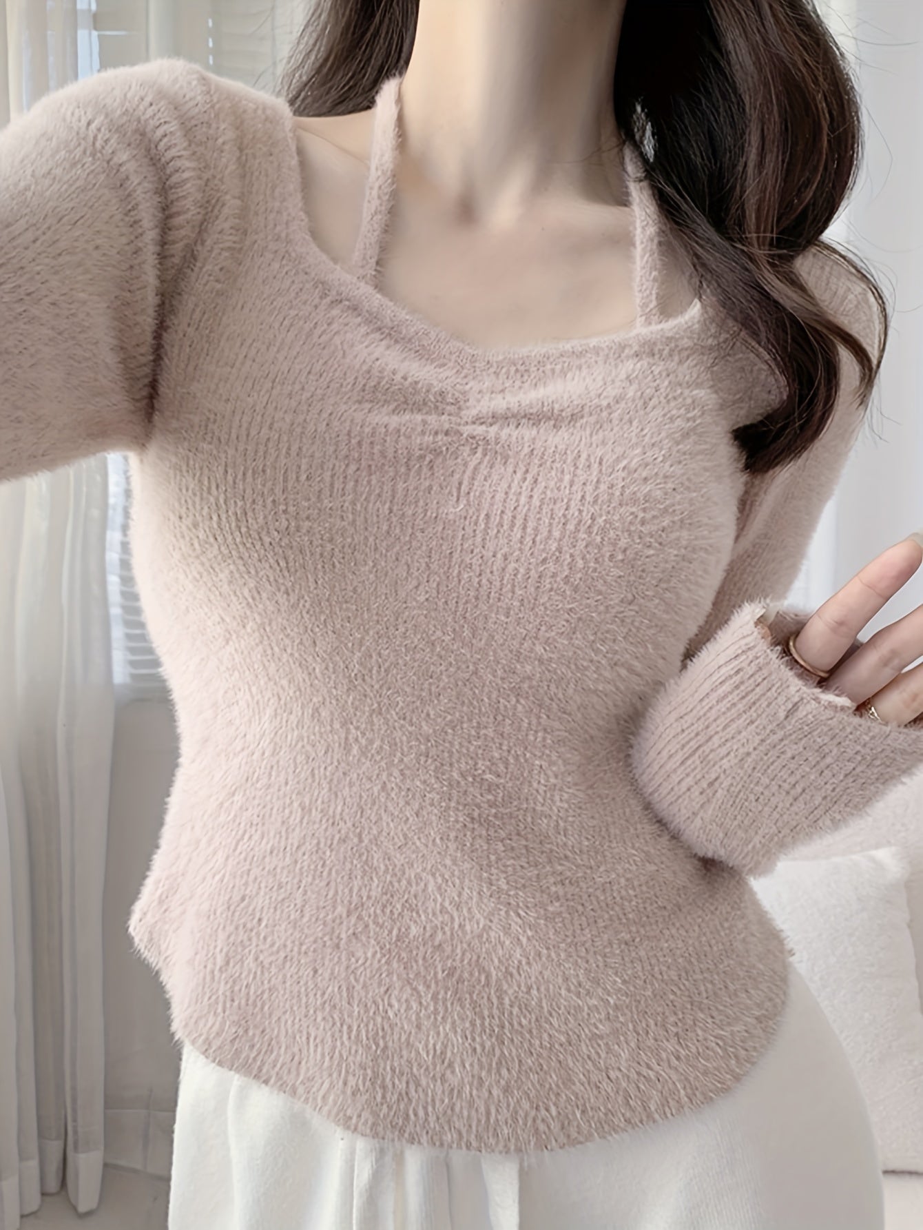 Sixsr Solid Slim Halter Pullover Sweater, Casual Long Sleeve Cozy Sweater For Spring & Fall, Women's Clothing