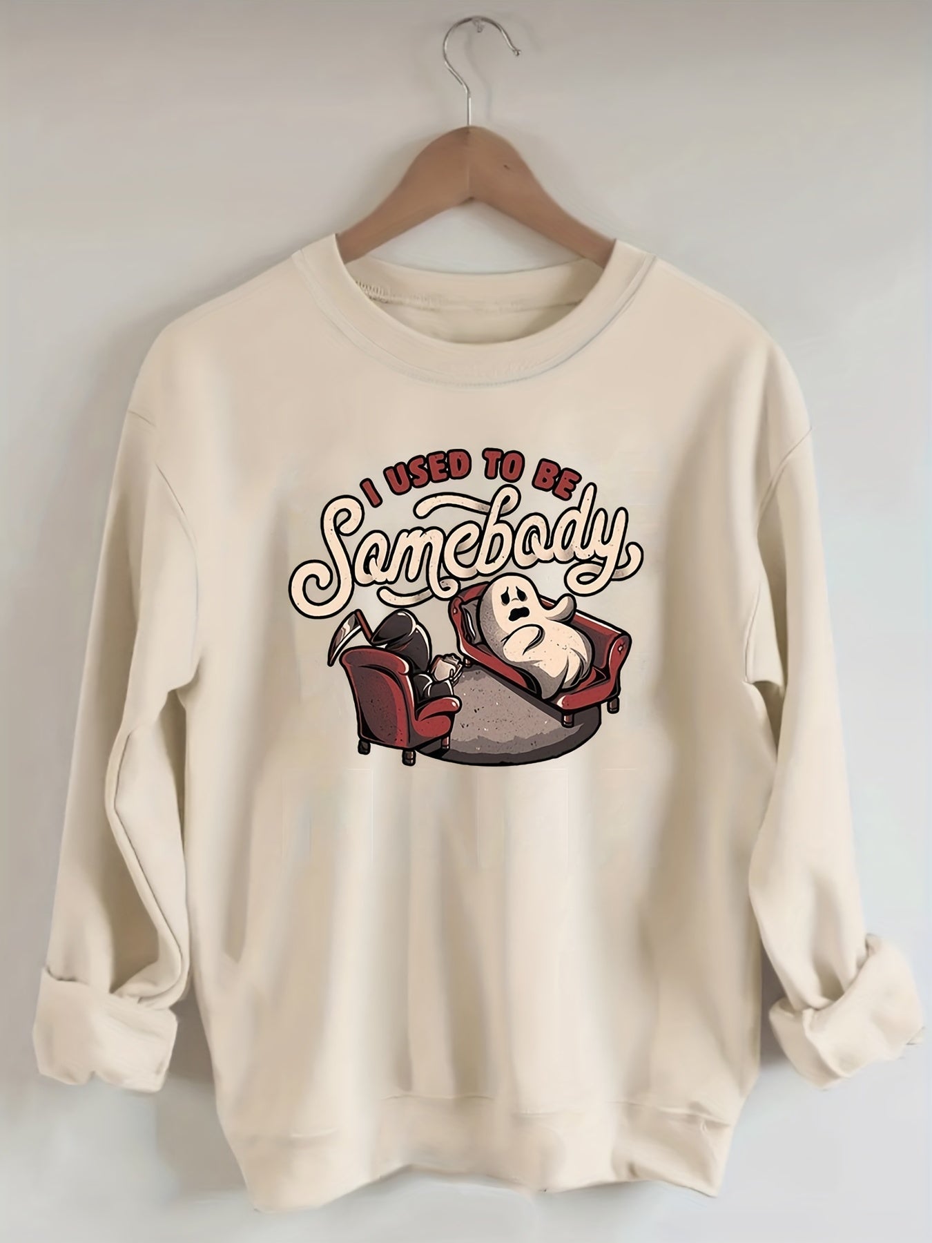 Sixsr Plus Size Halloween Sweatshirt, Women's Plus Funny Ghost & Slogan Print Long Sleeve Round Neck Slight Stretch Party Sweatshirt