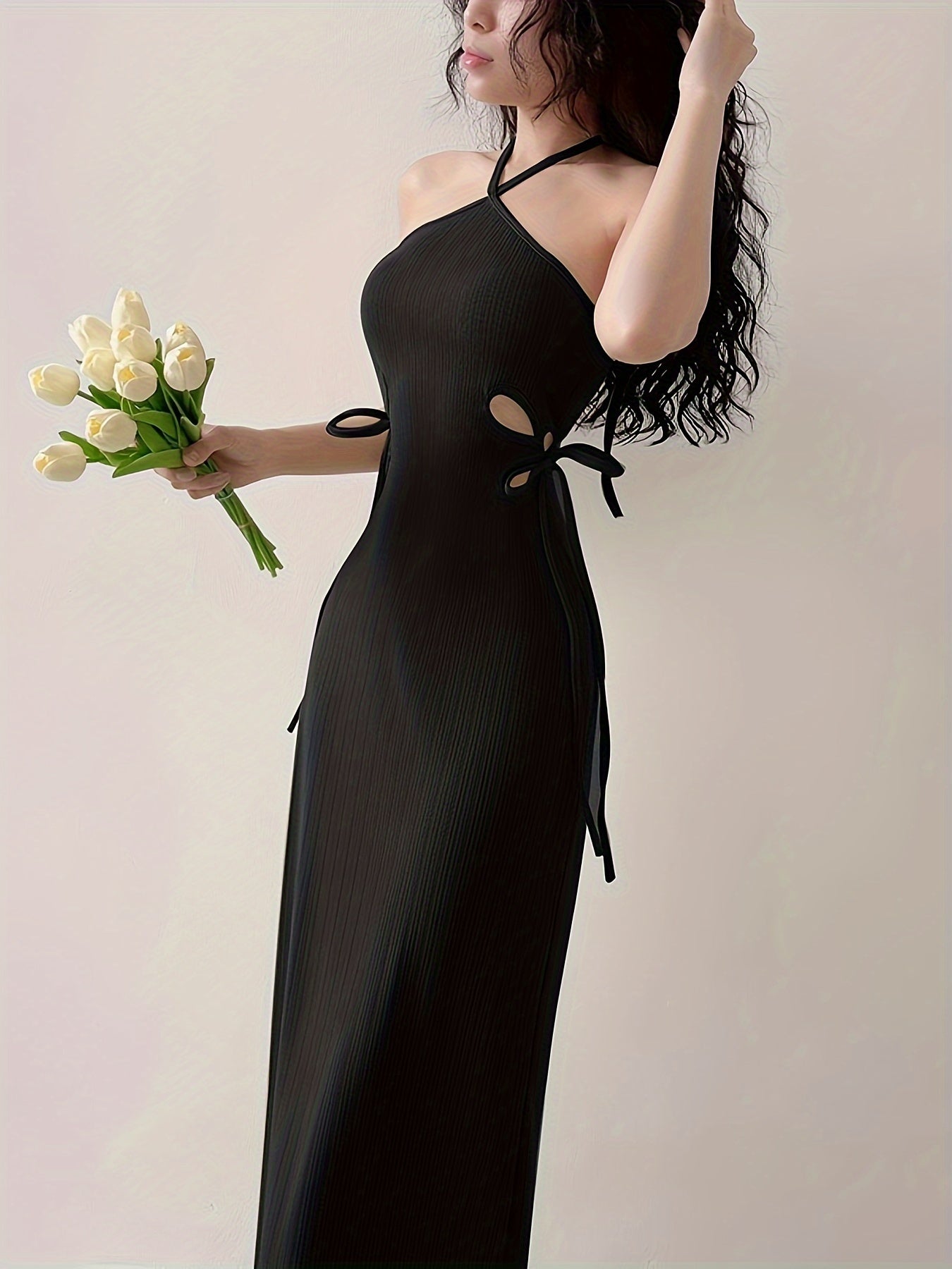 Sixsr Halter Neck Hollow Solid Dress, Elegant Sleeveless Bodycon Party Dress, Women's Clothing