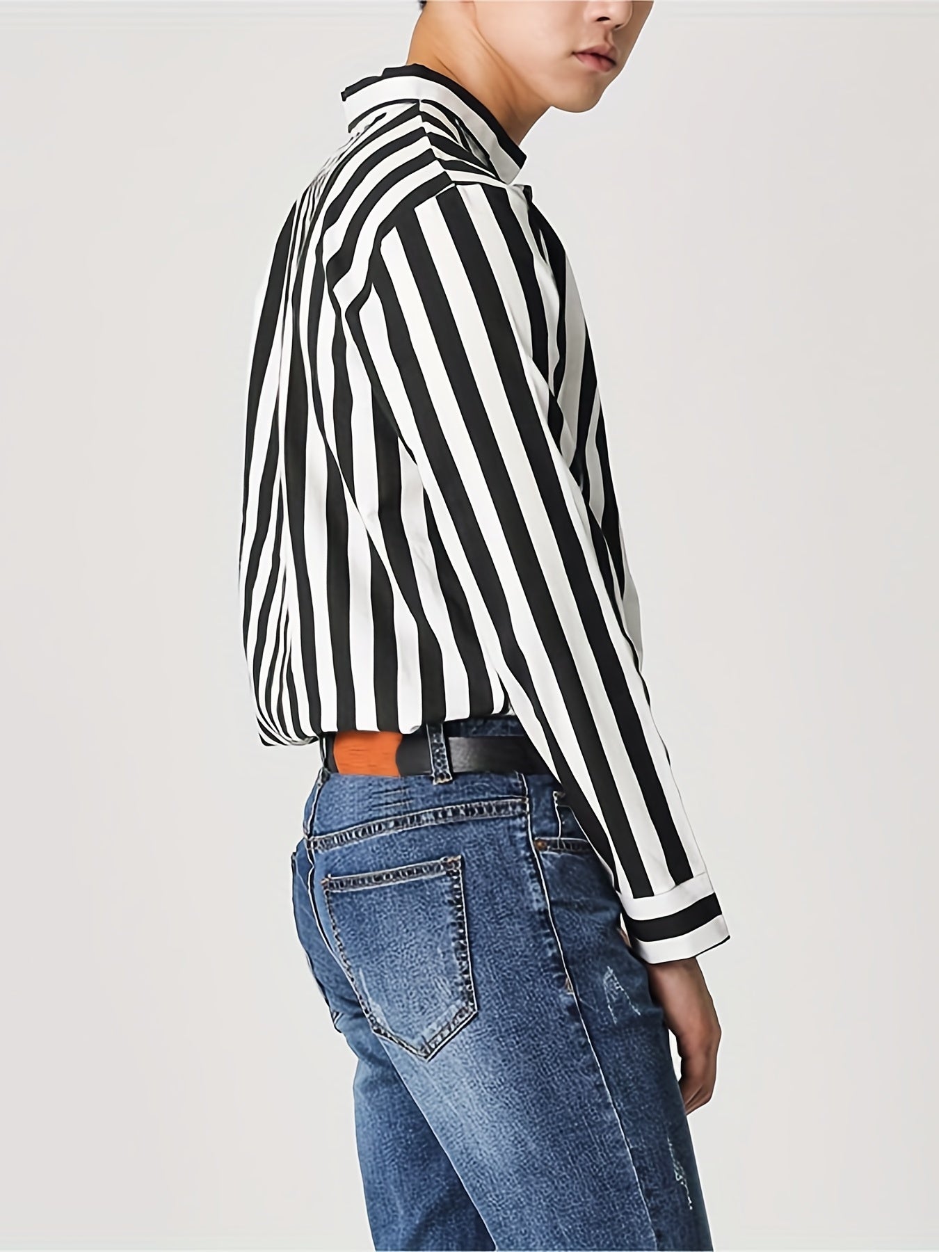 Sixsr Men's Casual Stripe V Neck Long Sleeve Shirt With No Button, Male Clothes For Spring And Summer