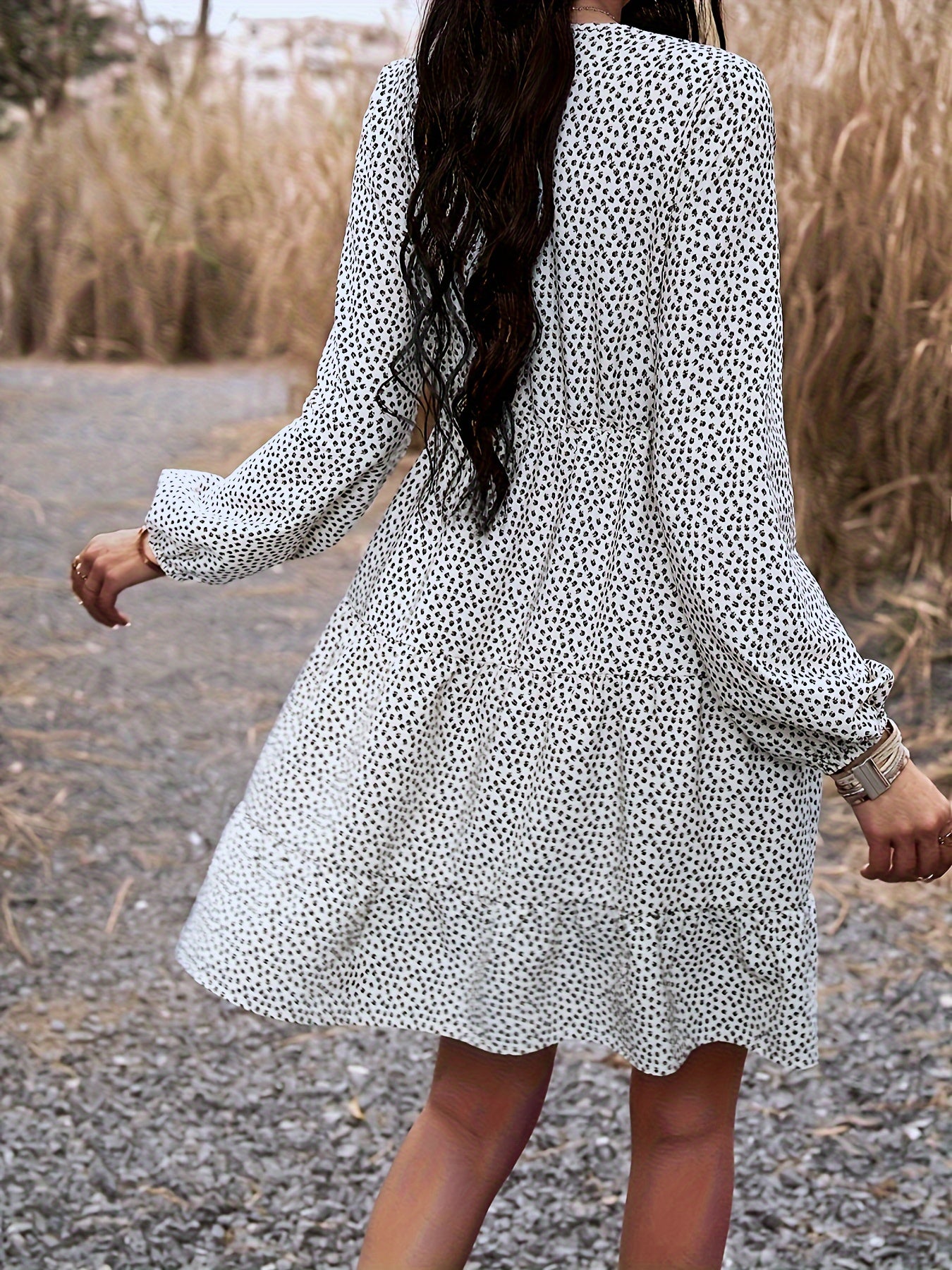 Sixsr All Over Print V Neck Dress, Casual Long Sleeve Lace Trim Dress, Women's Clothing