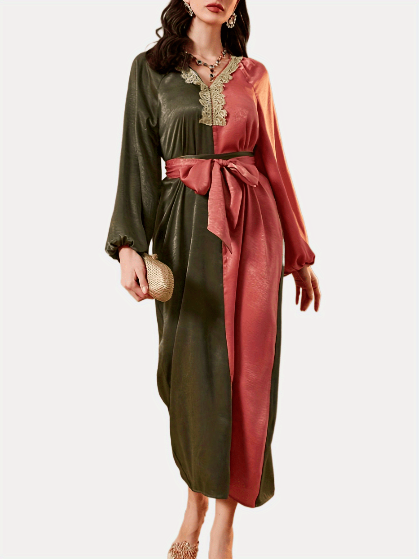 Sixsr Color Block Lace Trim Belted Dress, Elegant V-neck Lantern Sleeve Dress For Spring & Fall, Women's Clothing