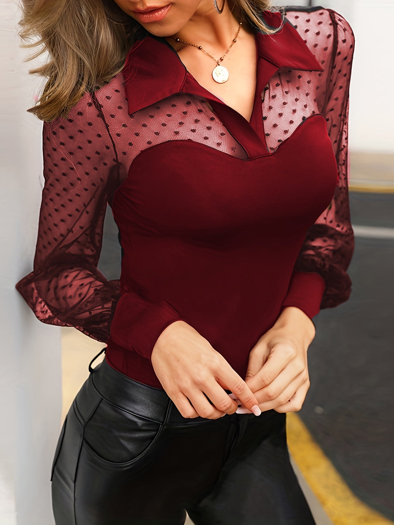 Sixsr Solid Sheer Contrast Blouse, Casual Collar Long Sleeve Slim Blouse, Women's Clothing