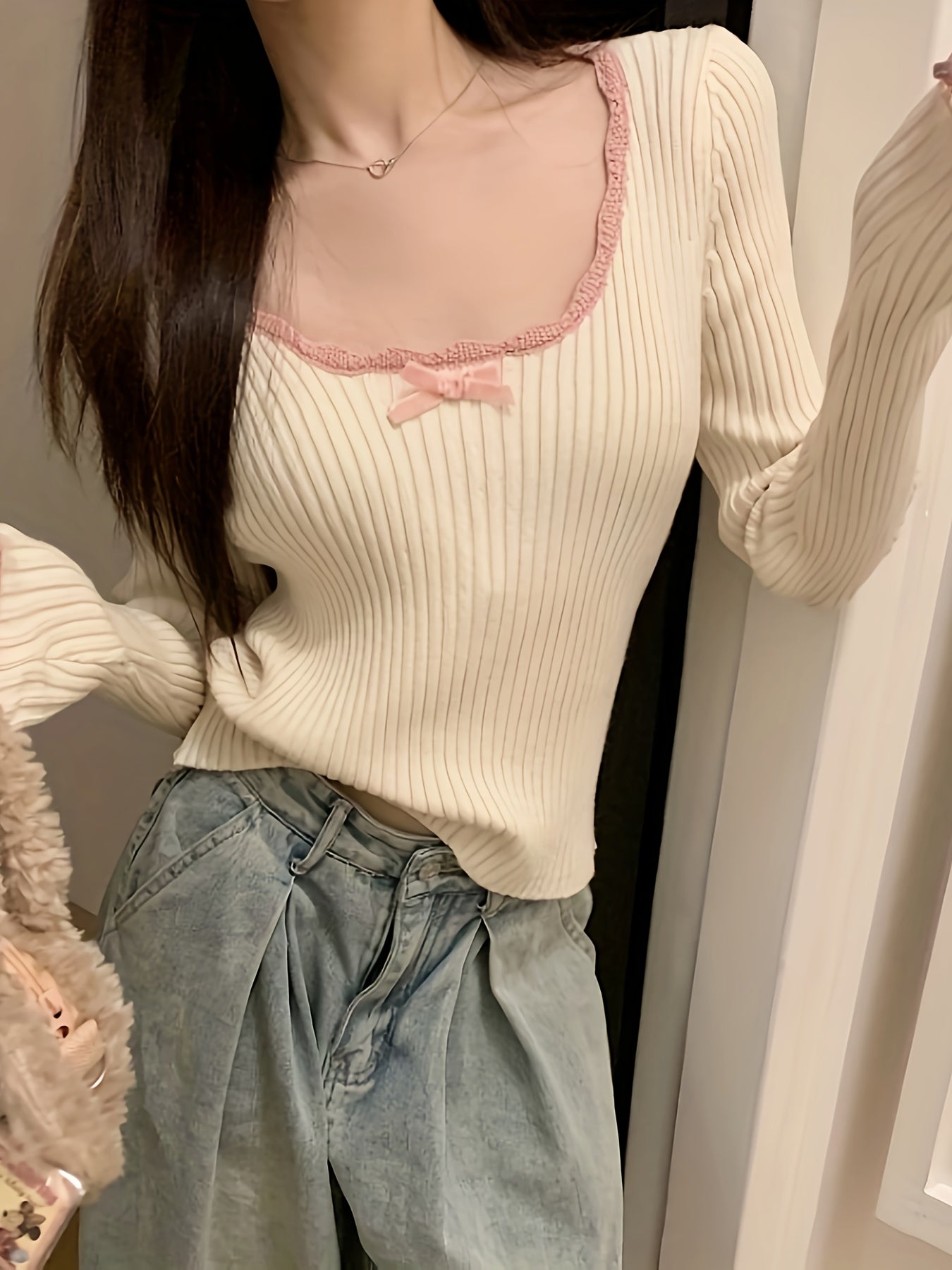 Sixsr Contrast Trim Scoop Neck Pullover Top, Casual Long Sleeve Slim Knit Sweater, Women's Clothing