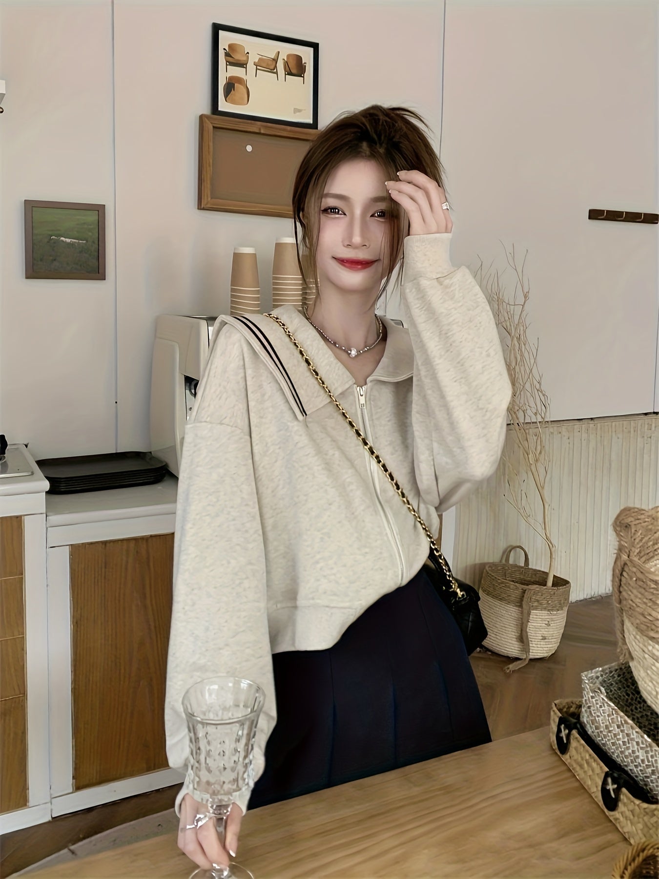 Sixsr Zip Up Turndown Collar Knit Cardigan, Casual Long Sleeve Loose Stylish Sweater, Women's Clothing