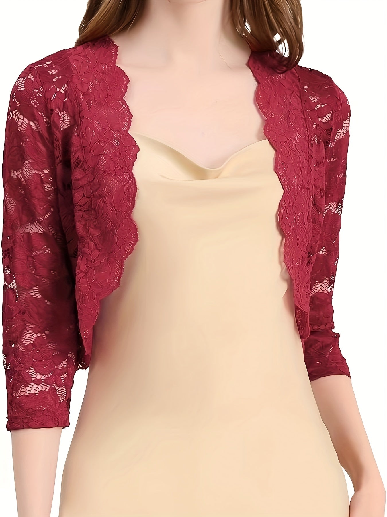 Sixsr Semi-sheer Floral Lace Crop Cardigan, Casual Three-quarter Sleeve Cover Up Cardigan, Women's Clothing