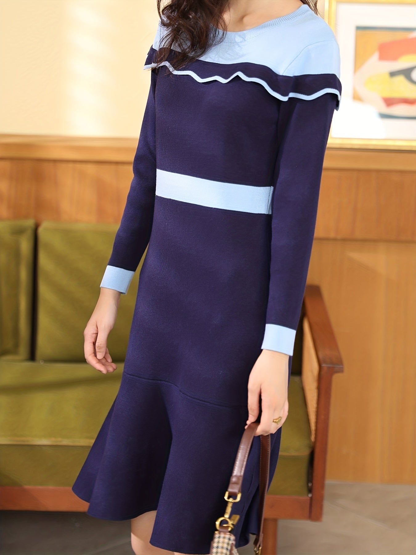 Sixsr Ruffle Trim Color Block Dress, Casual Crew Neck Long Sleeve Dress, Women's Clothing