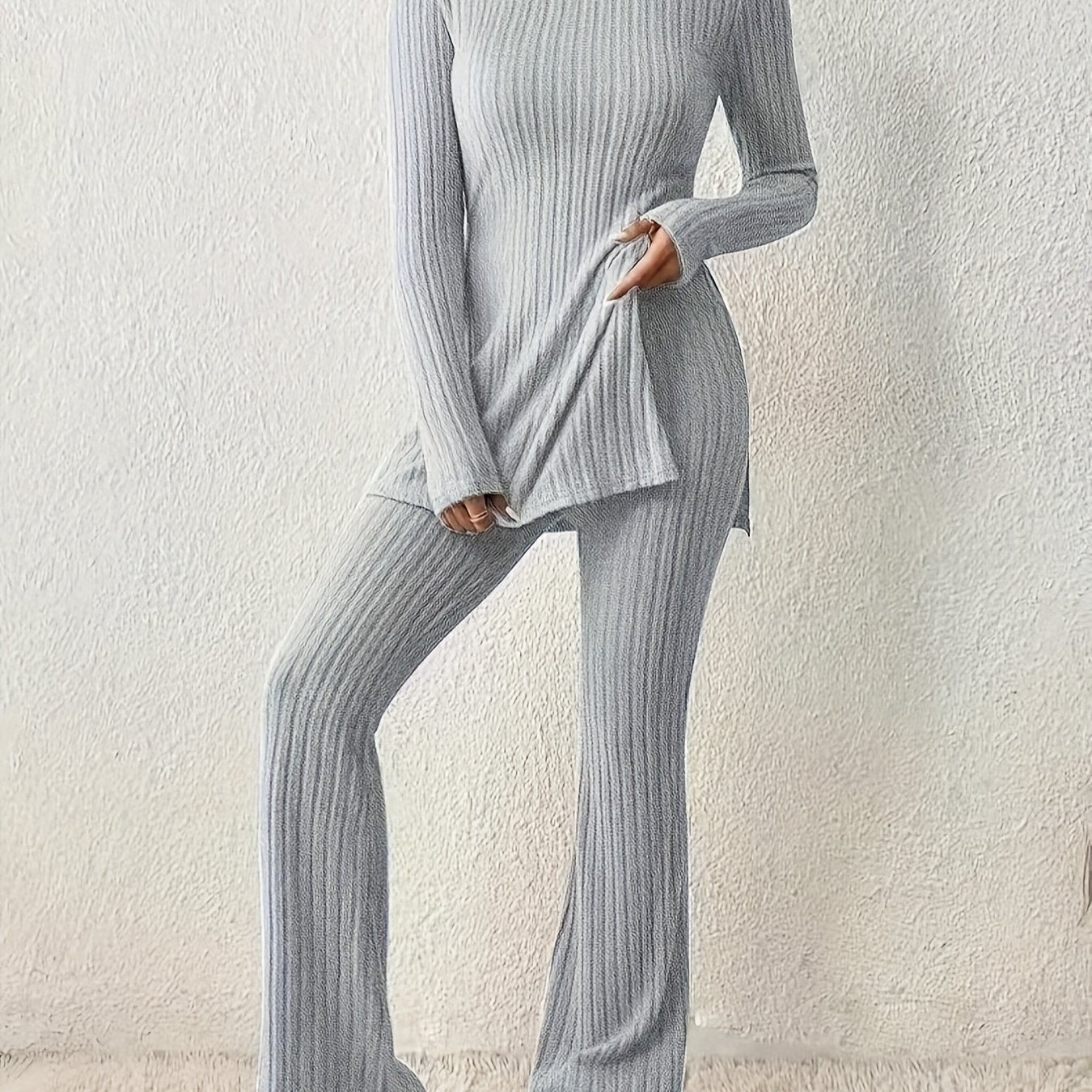 Sixsr Ribbed Solid Two-piece Set, Split Crew Neck Long Sleeve Tops & Flared Leg Pants Outfits, Women's Clothing