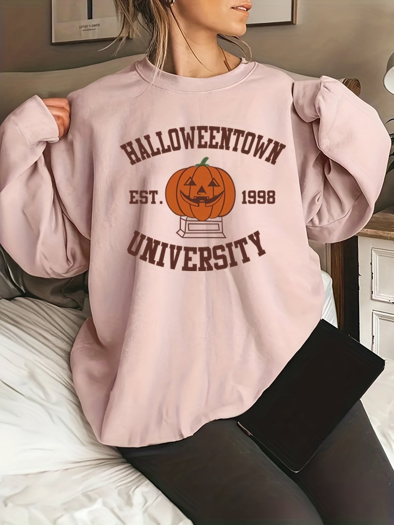 Sixsr Plus Size Halloween Sweatshirt, Women's Plus Cartoon Pumpkin & Letter Print Long Sleeve Round Neck Slight Stretch Sweatshirt