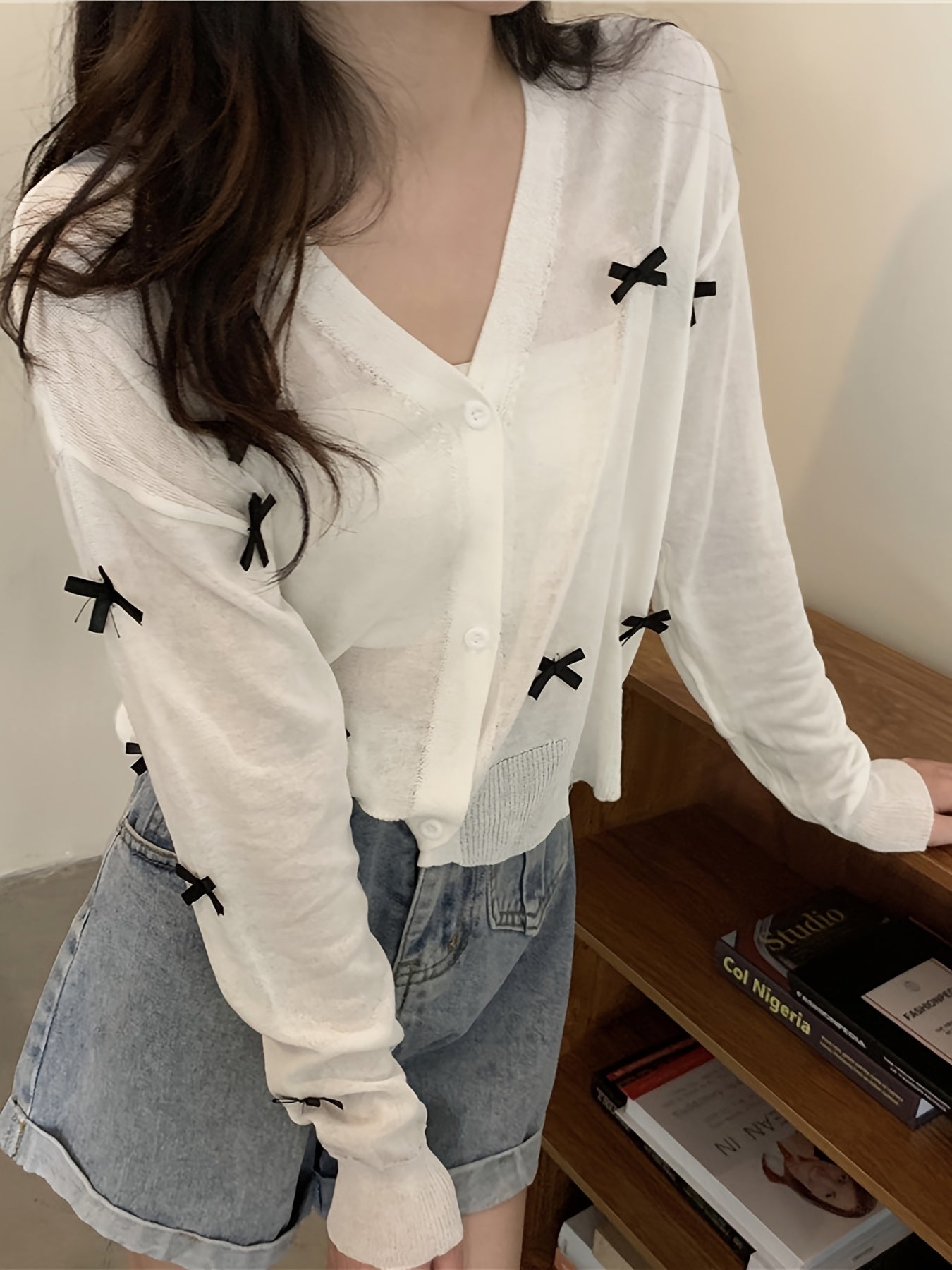 Sixsr Bow Button Front Lightweight Cardigan, Casual Long Sleeve V Neck Sweater For Spring & Fall, Women's Clothing