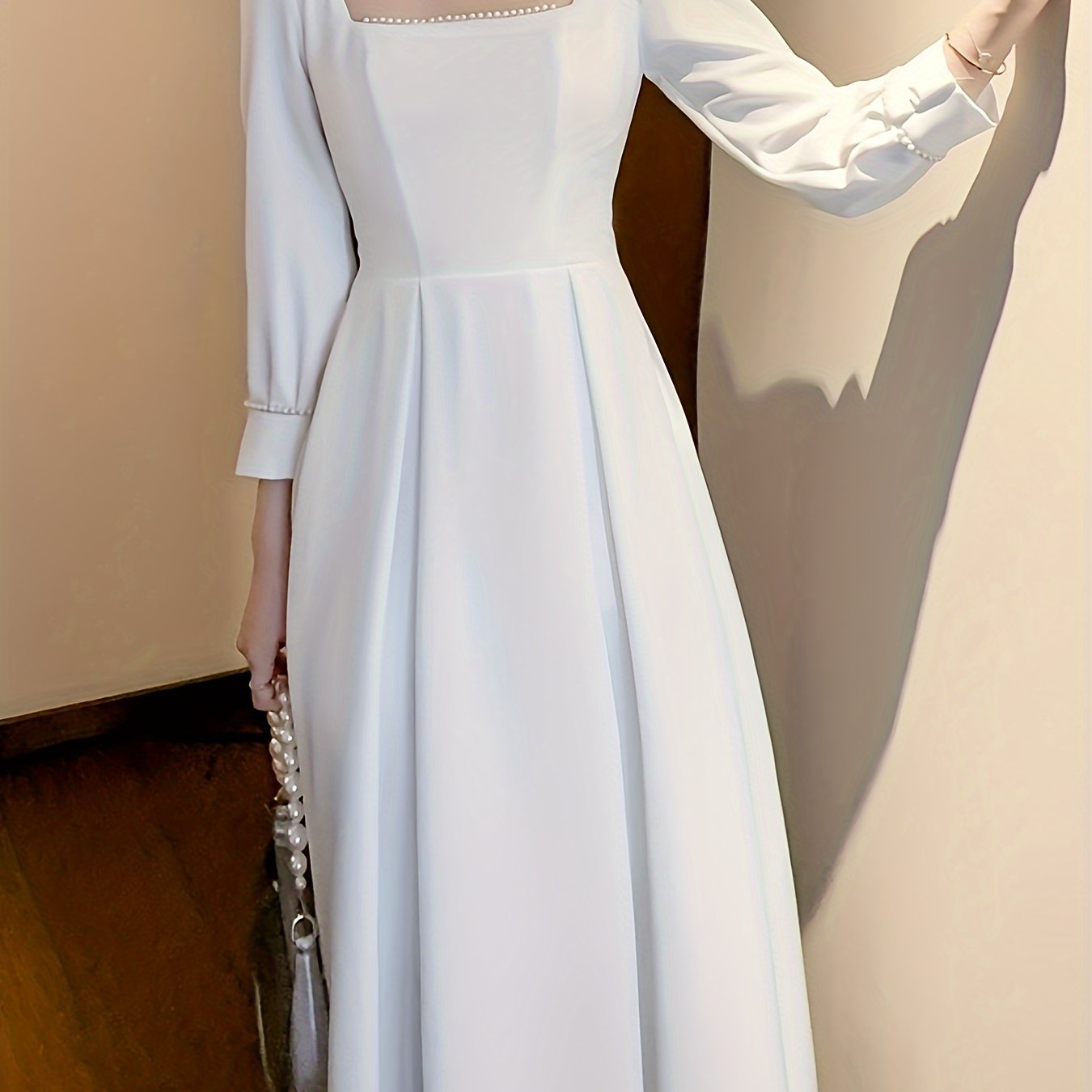 Sixsr Beaded Square Neck Dress, Elegant Bow Decor Aline Dress For Wedding Party, Women's Clothing