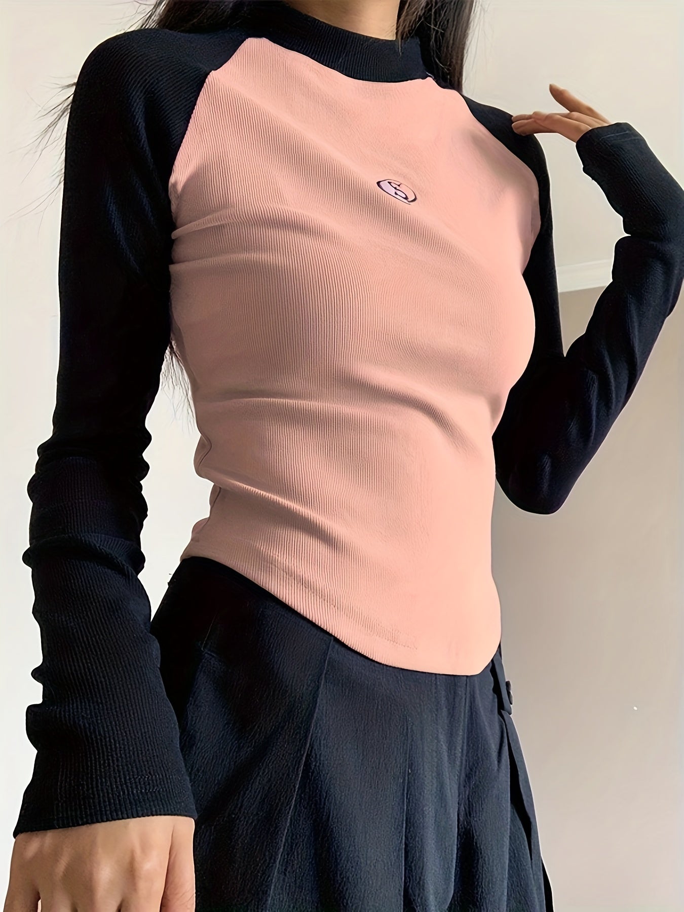 Sixsr Graphic Pattern Colorblock Mock Neck T-Shirt, Casual Long Sleeve Top For Spring & Fall, Women's Clothing
