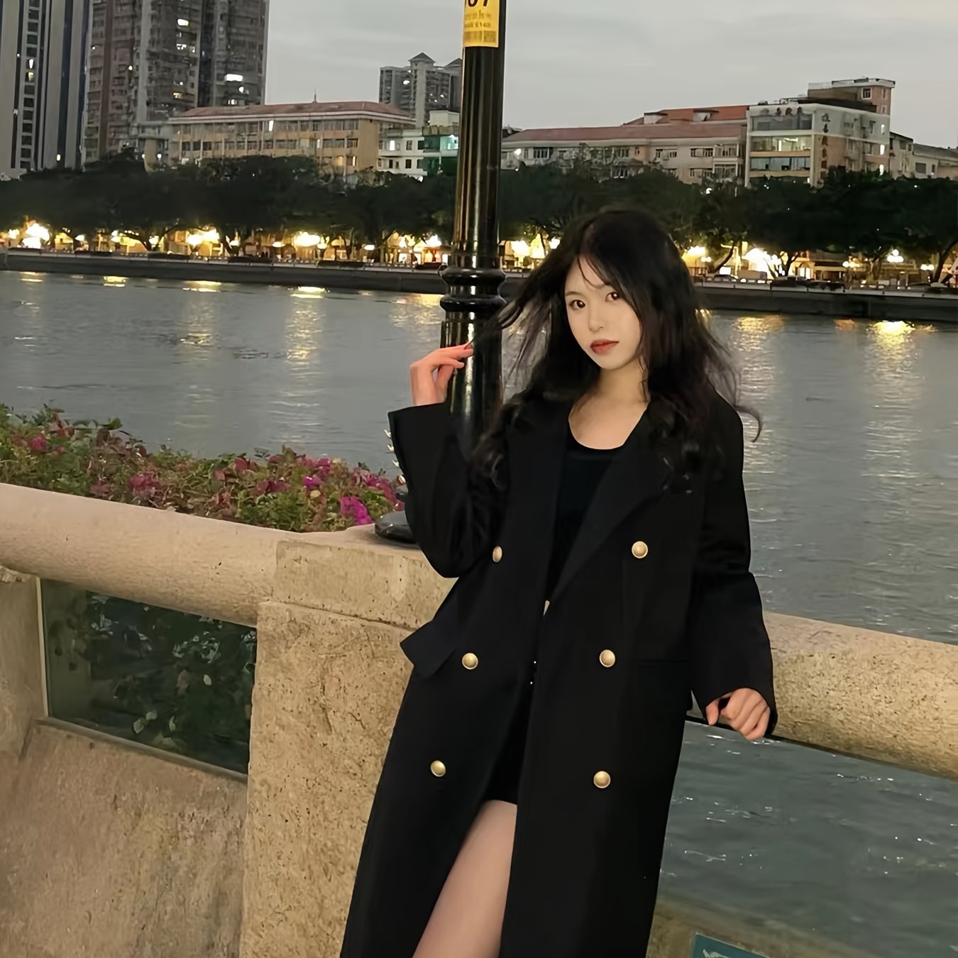 Sixsr Notched Collar Double-breasted Coat, Casual Long Sleeve Midi Length Coat For Fall & Winter, Women's Clothing