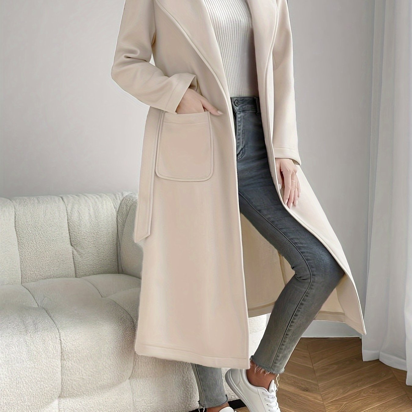 Sixsr Solid Lapel Mid Length Overcoat, Casual Open Front Long Sleeve Outerwear With Pockets, Women's Clothing