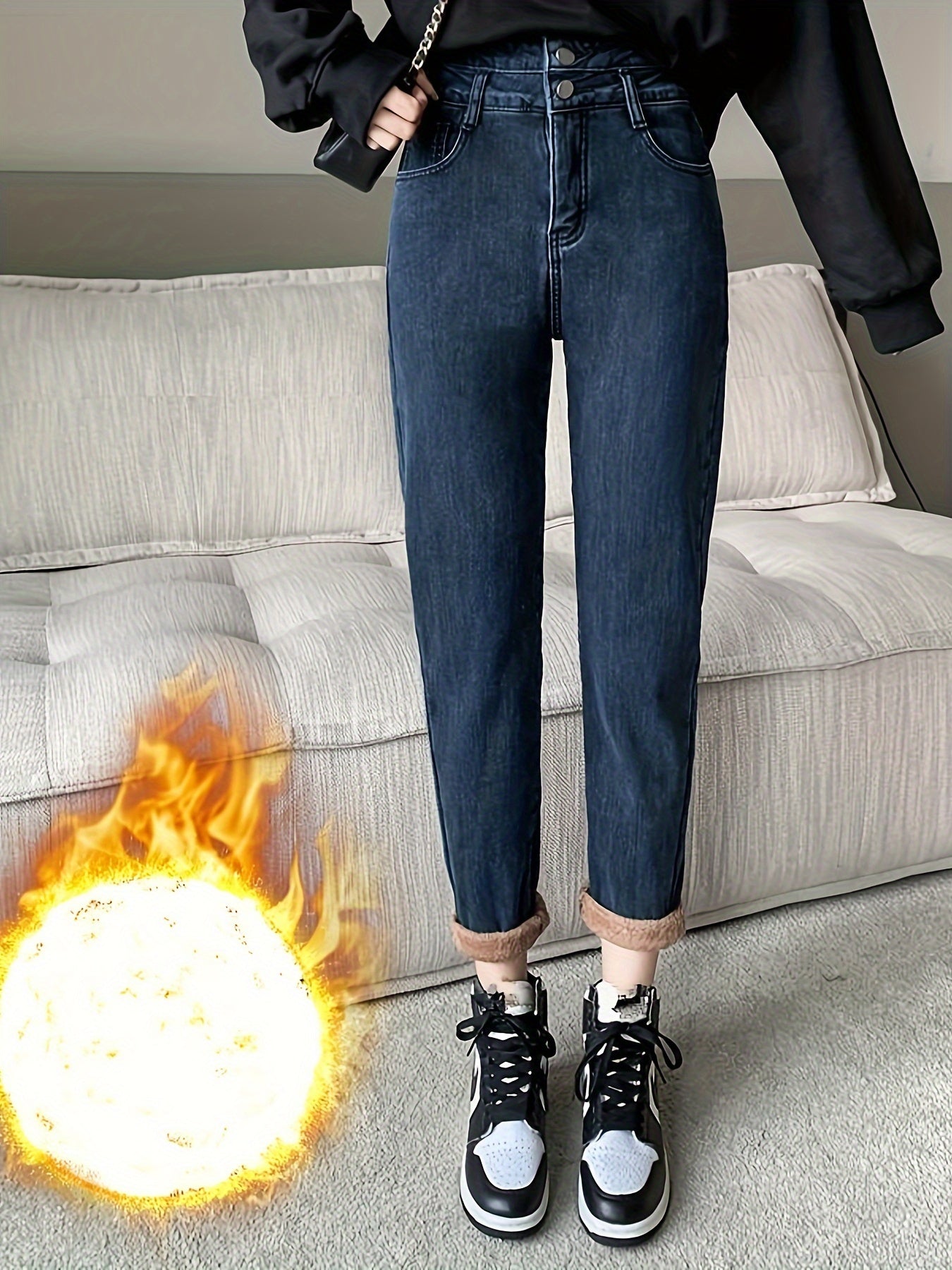 Sixsr Fleece Liner Casual Straight Jeans, High Waist Double Button Cropped Denim Pants, Women's Denim Jeans & Clothing