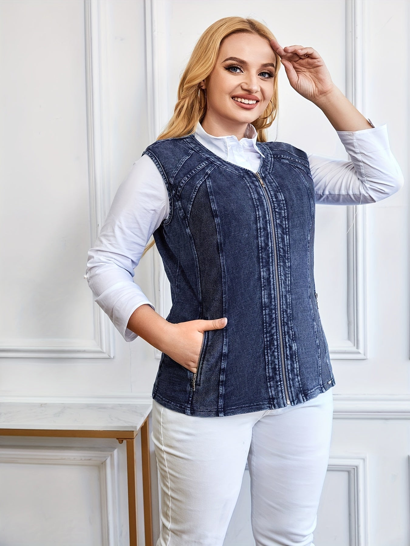 Sixsr Plus Size Casual Vest, Women's Plus Round Neck Slight Stretch Zipper Vest With Pockets