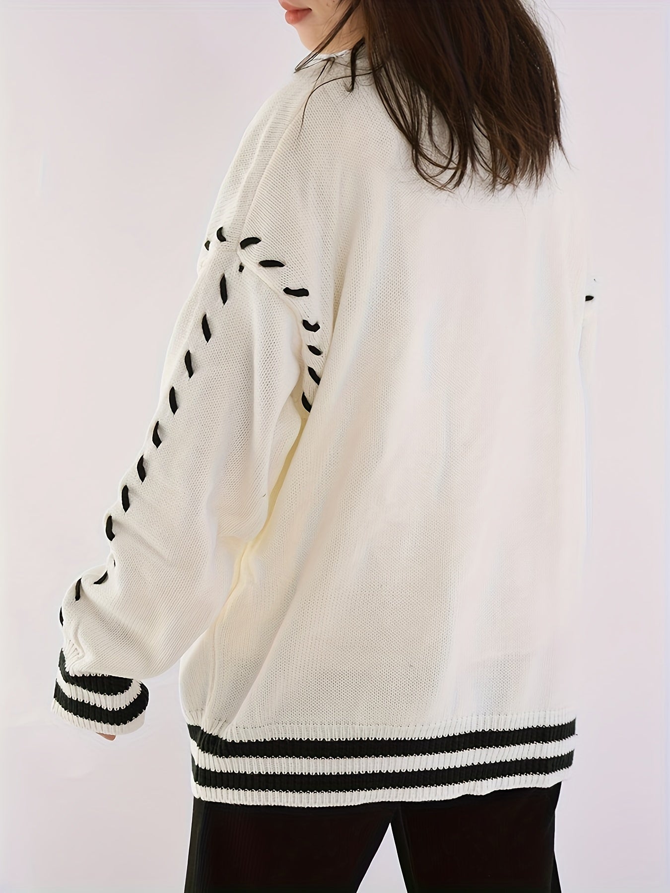 Sixsr Cartoon Bear Embroidered Knit Cardigan, Elegant V Neck Button Front Long Sleeve Sweater, Women's Clothing