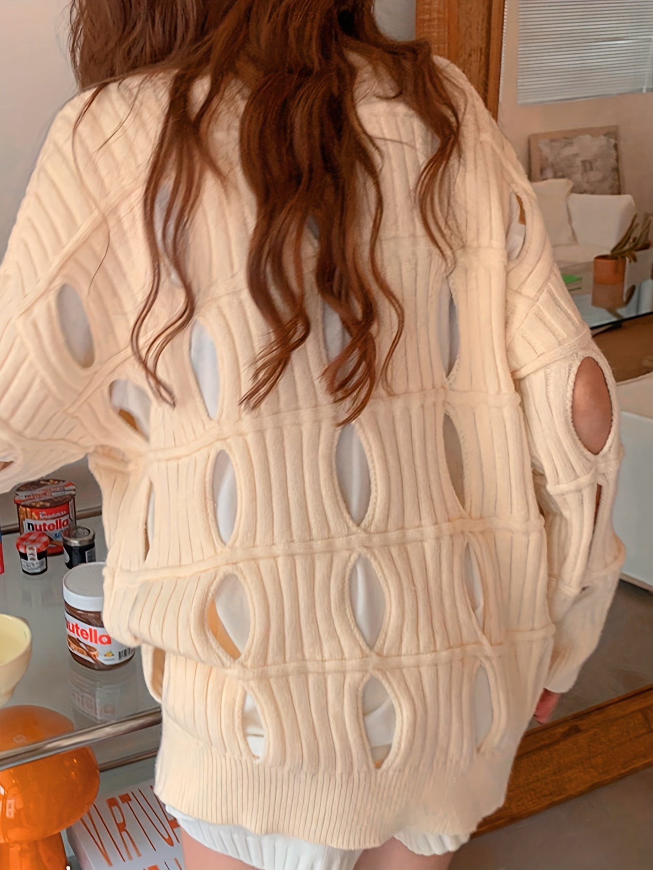 Sixsr Solid Cut Out Pullover Sweater, Casual Long Sleeve Loose Stylish Sweater, Women's Clothing