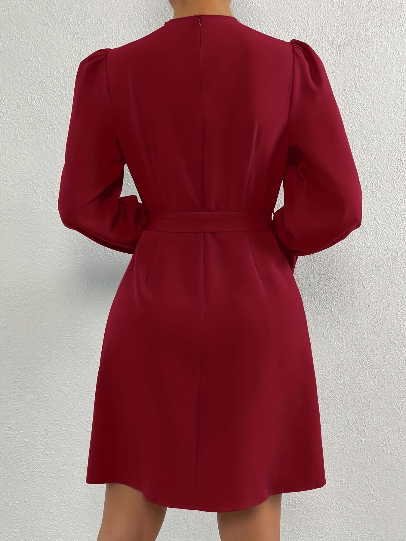 Sixsr Tucked Solid Dress, Elegant Mock Neck Lantern Sleeve Dress, Women's Clothing