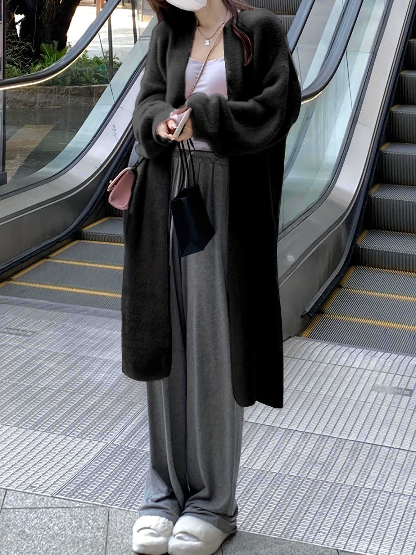 Sixsr Solid Open Front Loose Knit Cardigan, Elegant Long Sleeve Mid Length Comfy Sweater, Women's Clothing