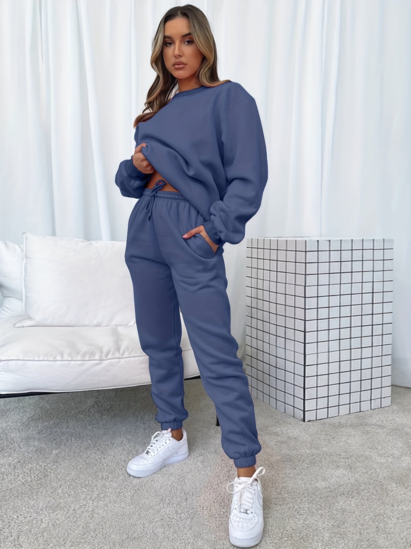 Sixsr Solid Casual Two-piece Set, Long Sleeve Crew Neck Sweatshirt & Drawstring Waist Jogger Pants Outfits, Women's Clothing