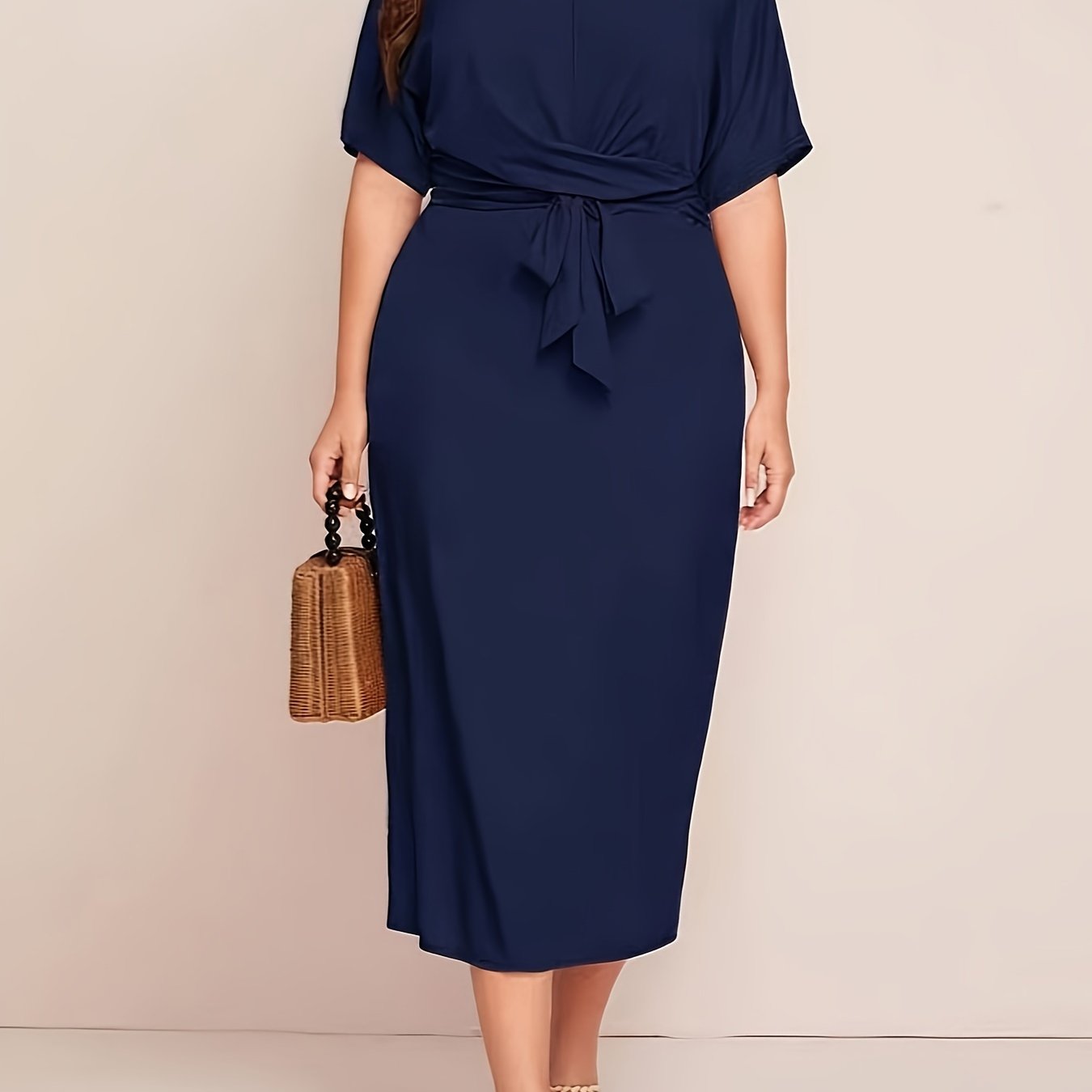 Sixsr Solid Tie Waist Elegant Dress, Half Sleeve Slim Dress For Spring & Fall, Women's Clothing